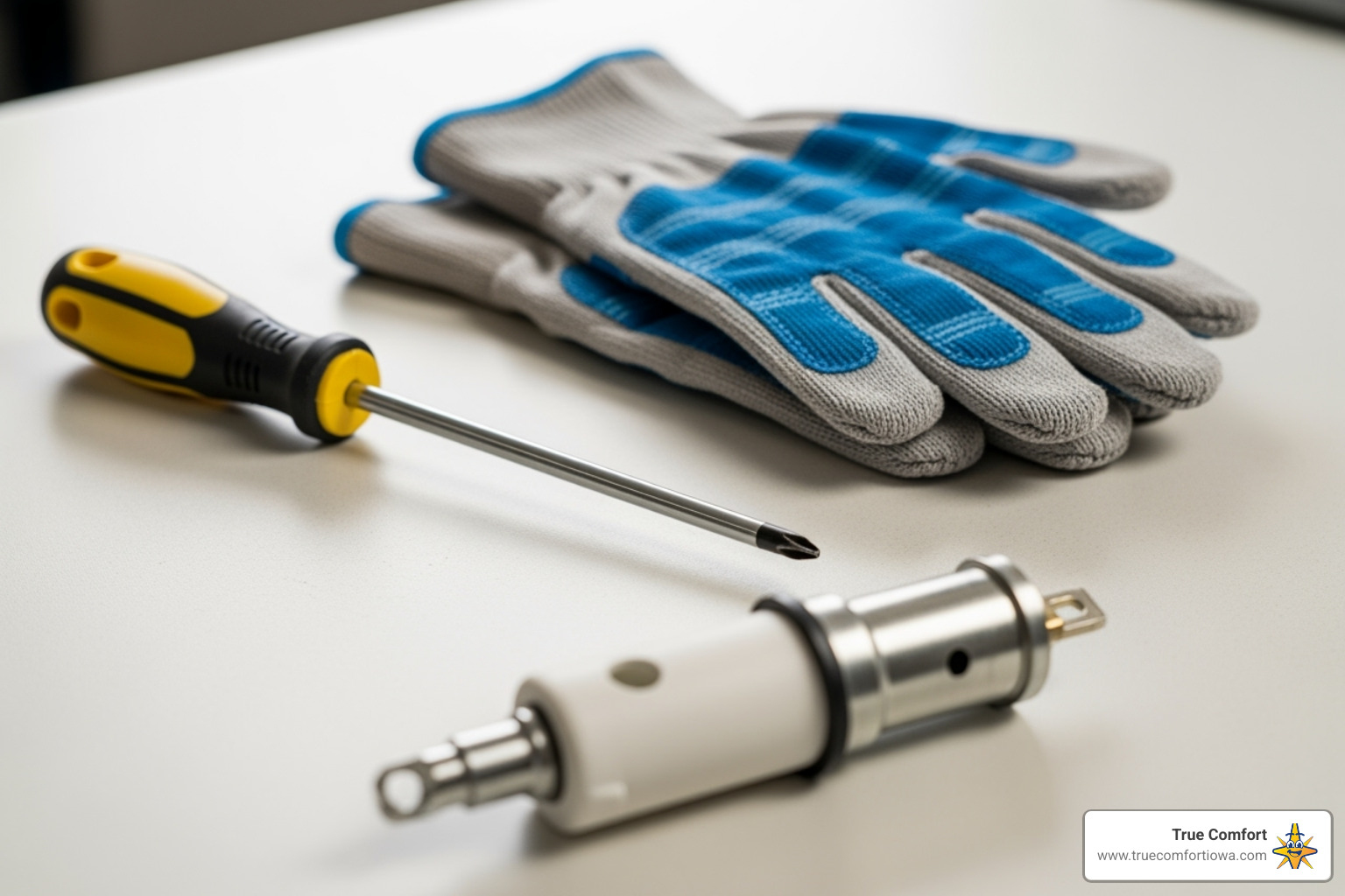 tools needed for a furnace ignitor replacement (screwdriver, gloves, replacement part) - Furnace ignitor replacement