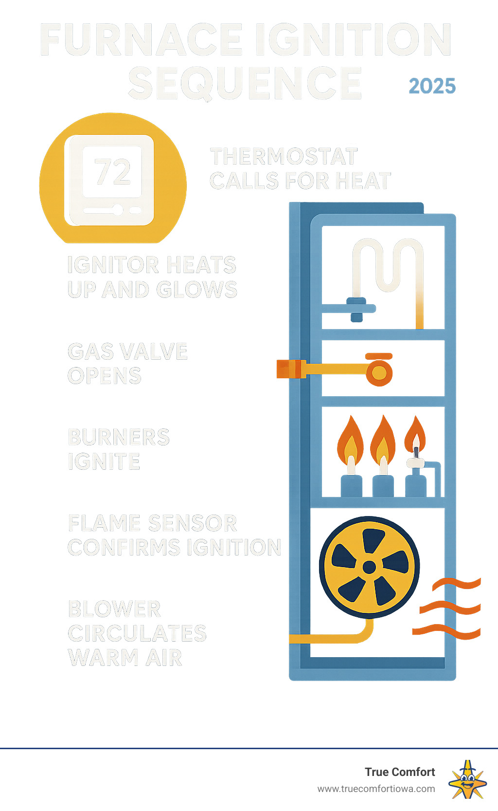 Infographic showing the complete furnace ignition sequence: thermostat calls for heat, ignitor heats up and glows, gas valve opens, burners ignite, flame sensor confirms ignition, and blower circulates warm air throughout the home - Furnace ignitor replacement infographic 