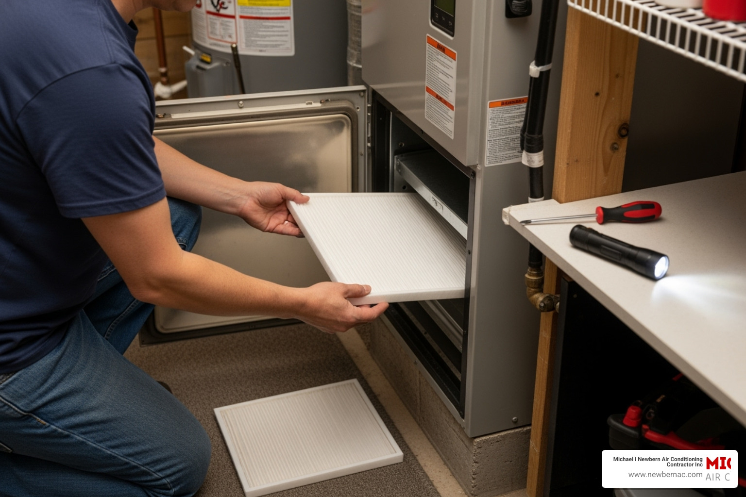 A homeowner changing an air filter - HVAC system check