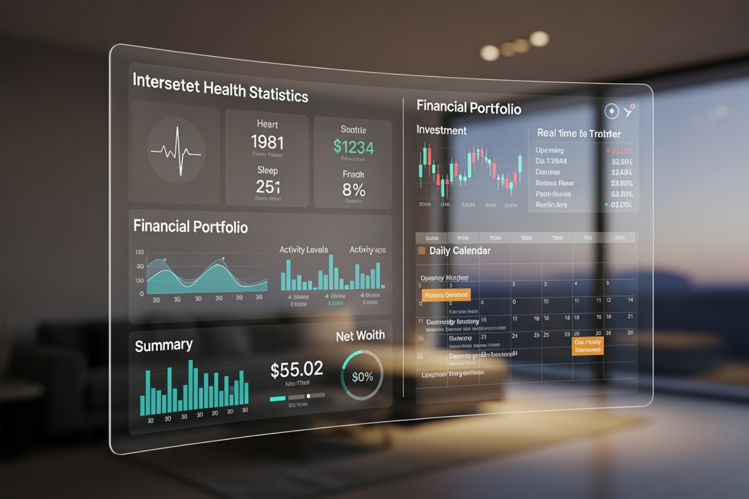 A futuristic dashboard on a transparent screen, integrating personal health stats, financial portfolios, and a daily calendar - fintechzoom.com lifestyle