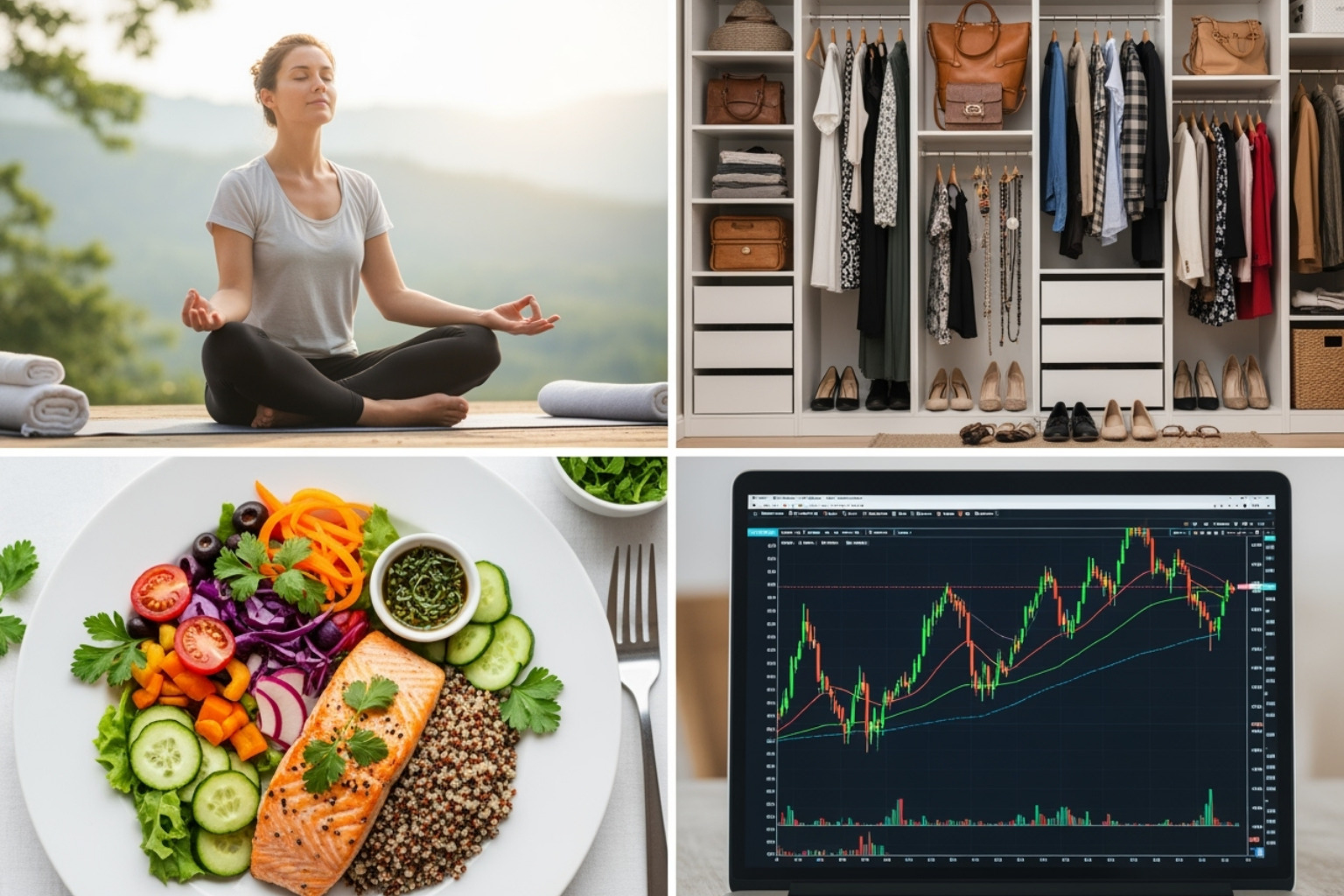 Collage showing a person meditating, a well-organized closet, a healthy meal, and a laptop displaying stock charts - fintechzoom.com lifestyle