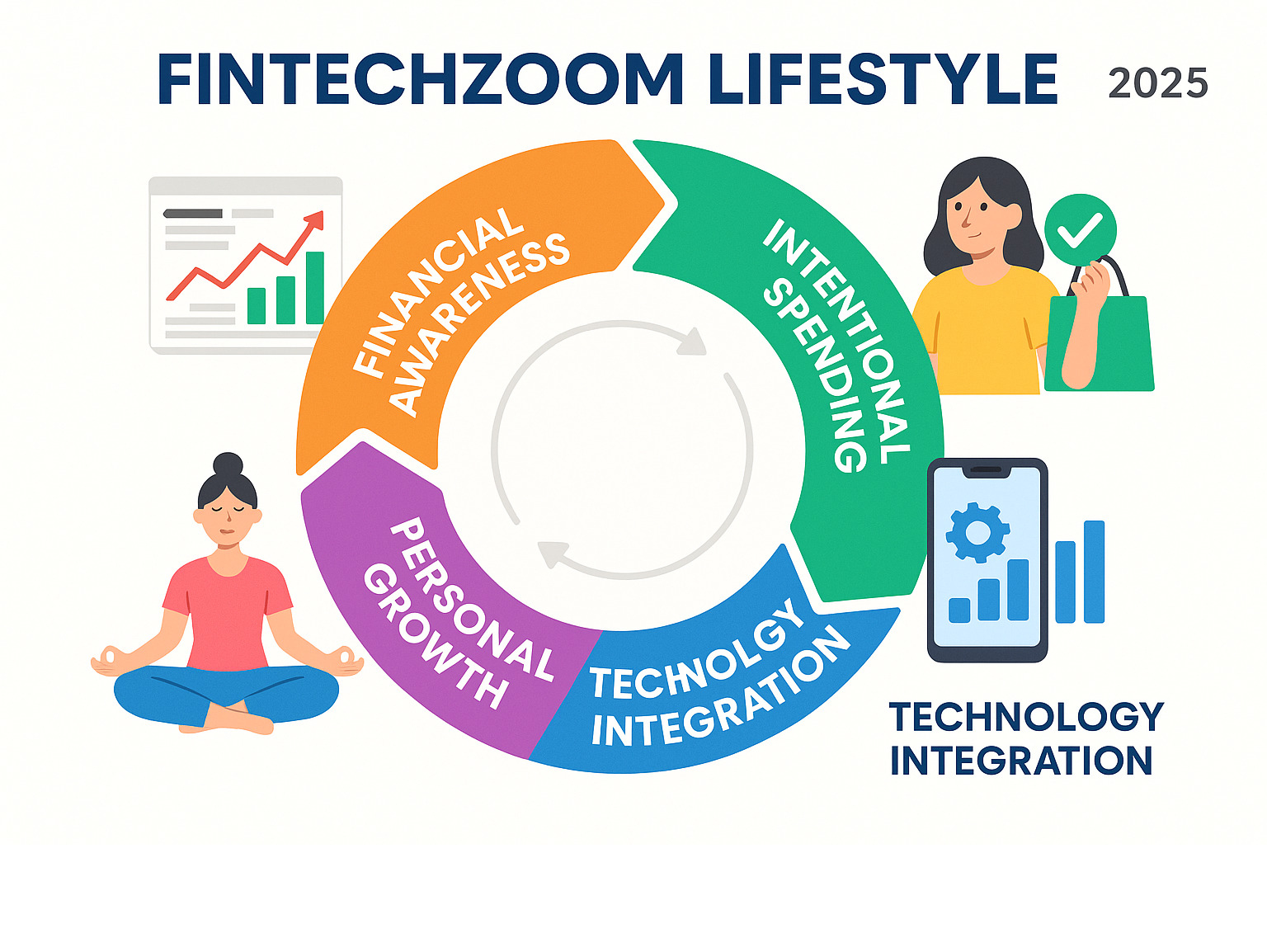 Infographic showing the four interconnected pillars of the FintechZoom lifestyle: Financial Awareness (represented by market charts and news), Intentional Spending (showing conscious consumer choices), Technology Integration (displaying mobile apps and digital tools), and Personal Growth (illustrating wellness and self-care activities), all connected in a circular flow demonstrating how each element supports the others - fintechzoom.com lifestyle infographic 