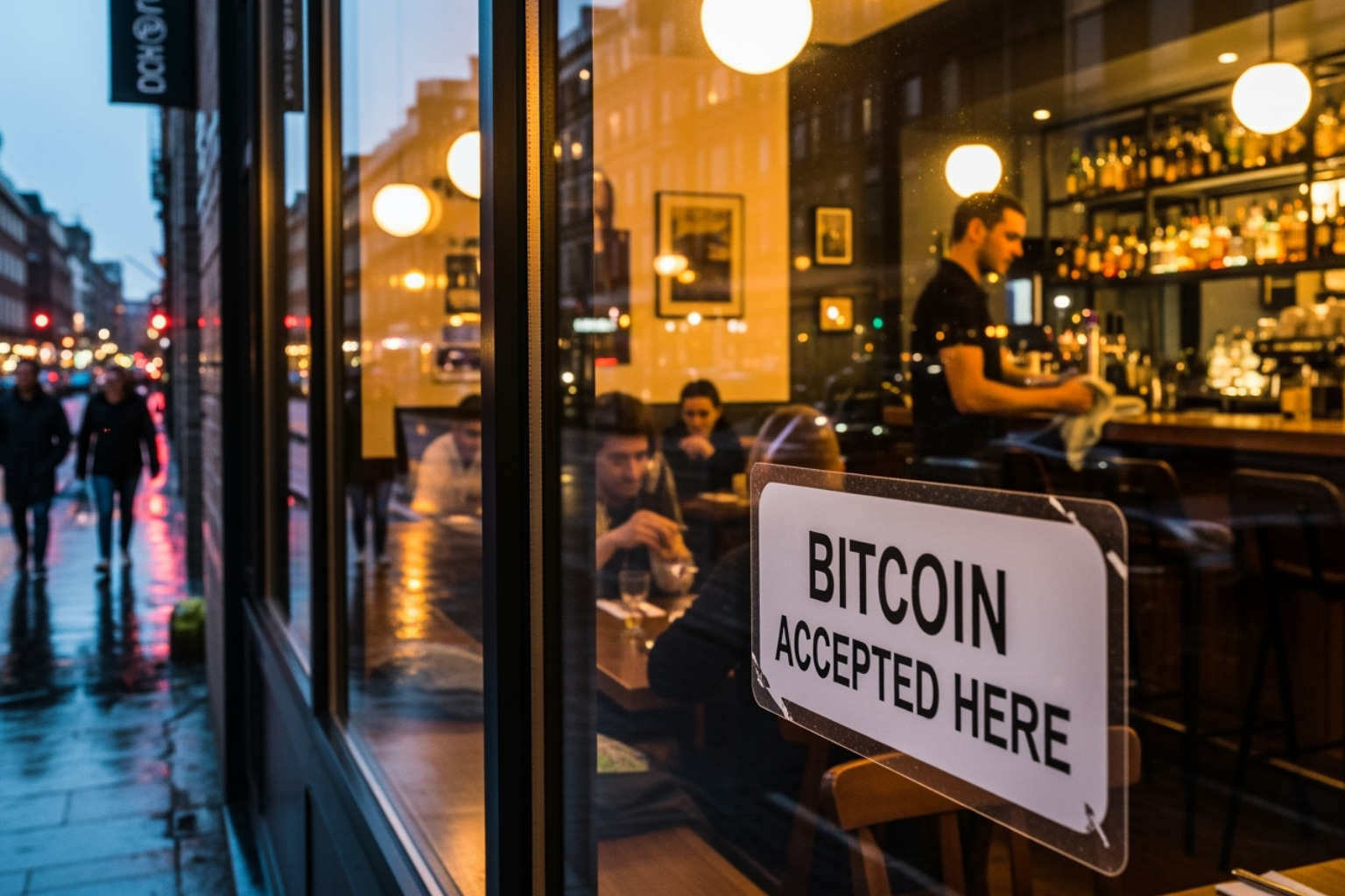 Restaurant window with a "Bitcoin Accepted Here" sticker - fintechzoom.com bitcoin usd