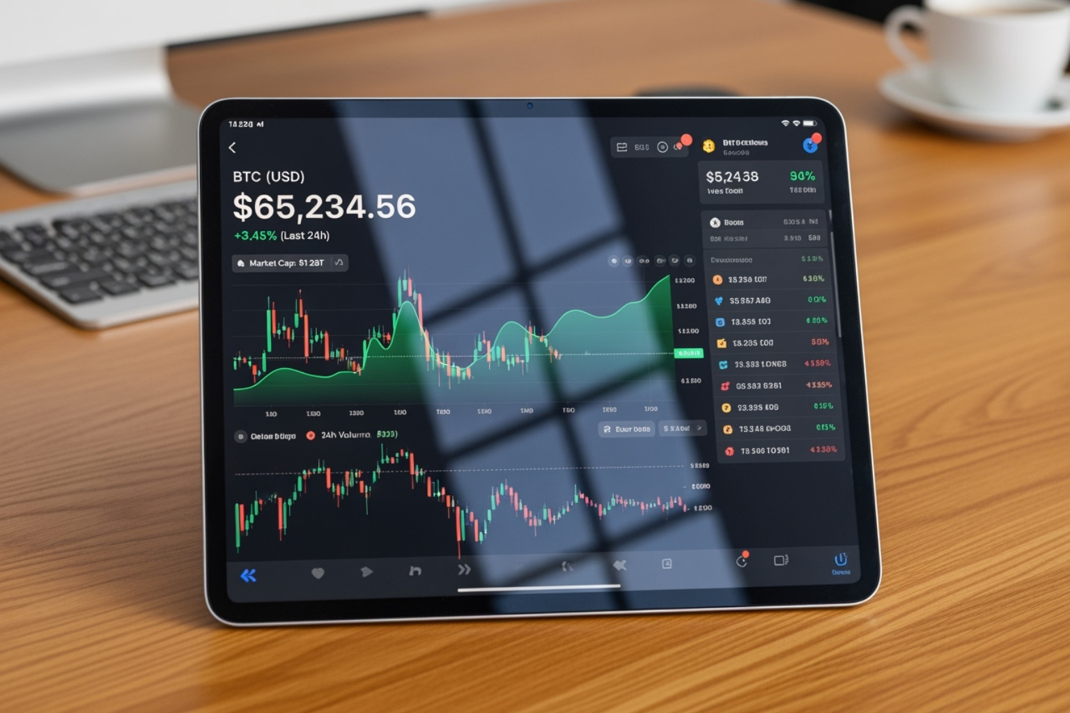 FintechZoom Bitcoin price tracking dashboard on a tablet - fintechzoom.com bitcoin usd