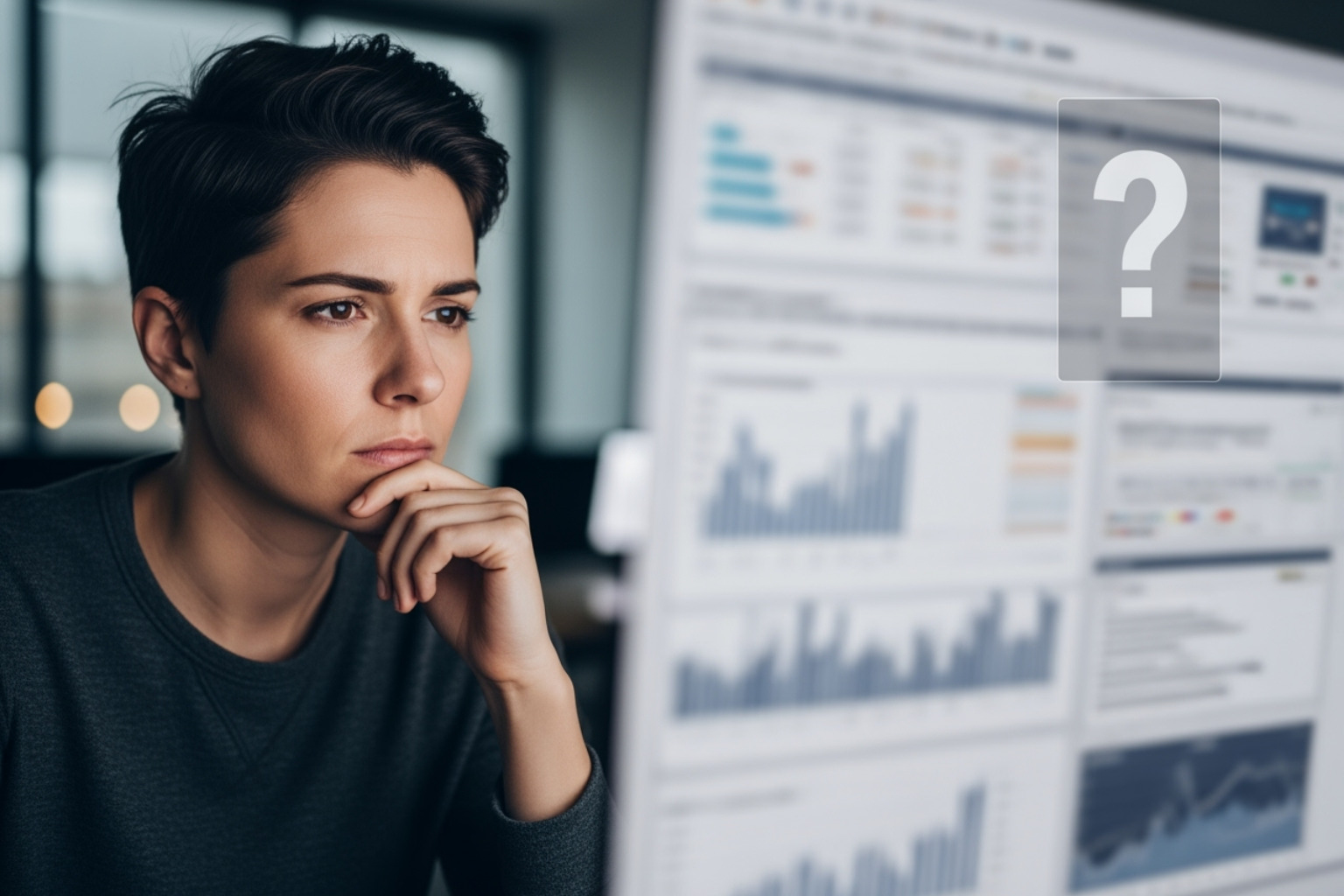 Person looking thoughtfully at screen with question mark overlay - fintechzoom.com crypto prices