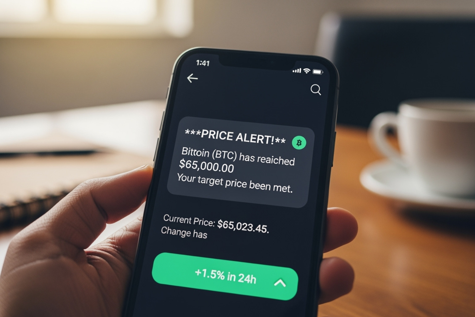 smartphone displaying a custom price alert notification - fintechzoom.com crypto prices