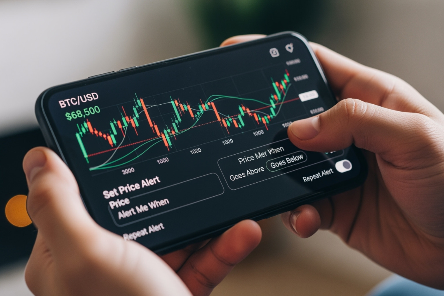 User setting a custom Bitcoin price alert on a mobile phone - fintechzoom.com bitcoin usd