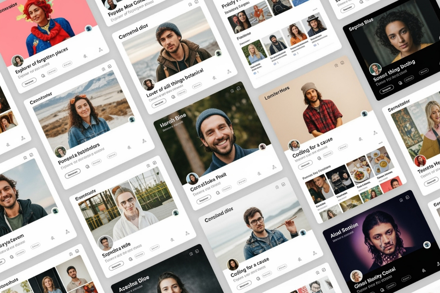 A collage of diverse, creative, and authentic social media profiles with unique aesthetics and genuine expressions - deman