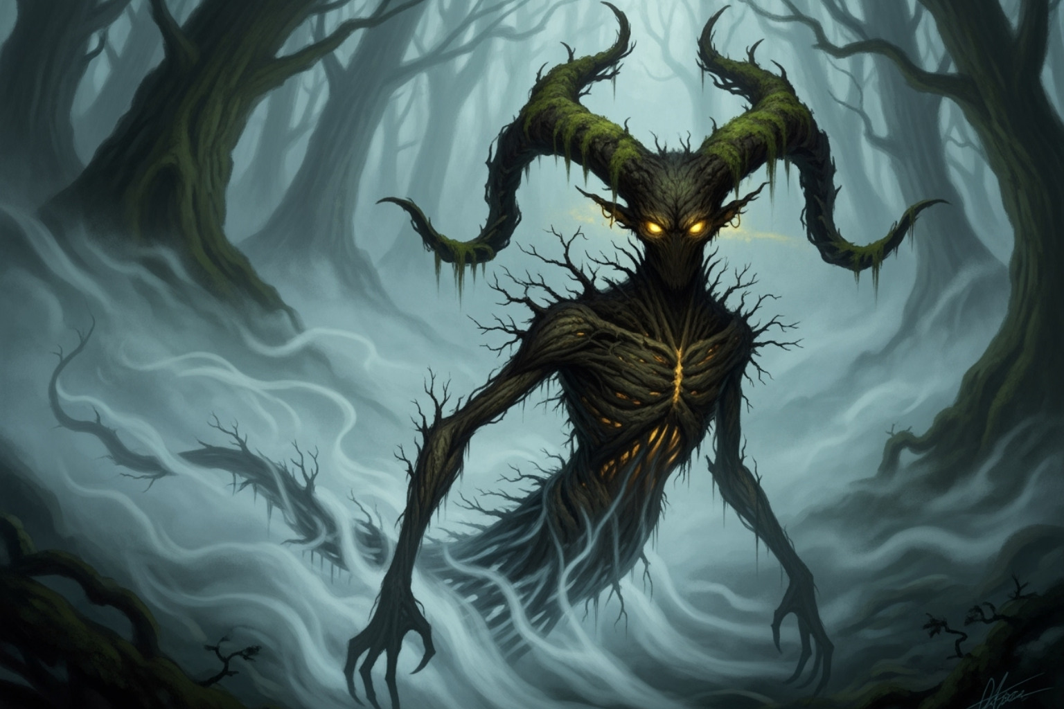 Artistic rendering of a shadowy, horned forest spirit with glowing eyes, emerging from mist - deman