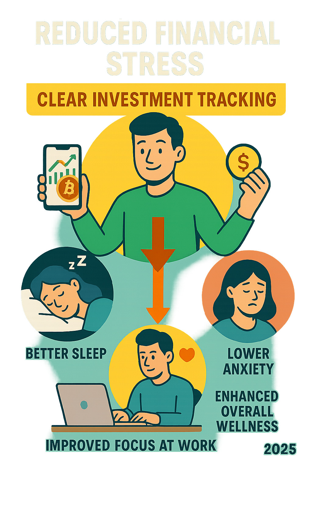 detailed infographic showing how reduced financial stress from clear investment tracking leads to better sleep quality, lower anxiety levels, improved focus at work, and improved overall wellness - fintechzoom.com crypto prices infographic 