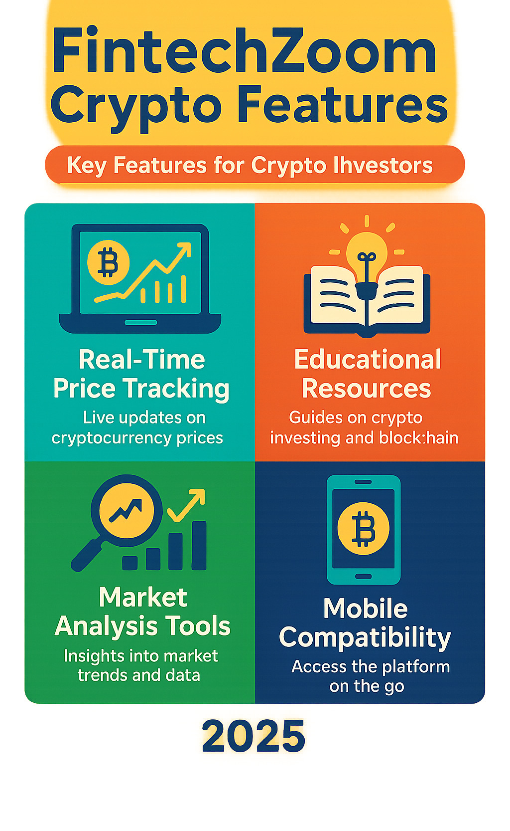 infographic showing FintechZoom's key features including real-time price tracking, educational resources, market analysis tools, and mobile compatibility for crypto investors - fintechzoom.com crypto prices infographic 