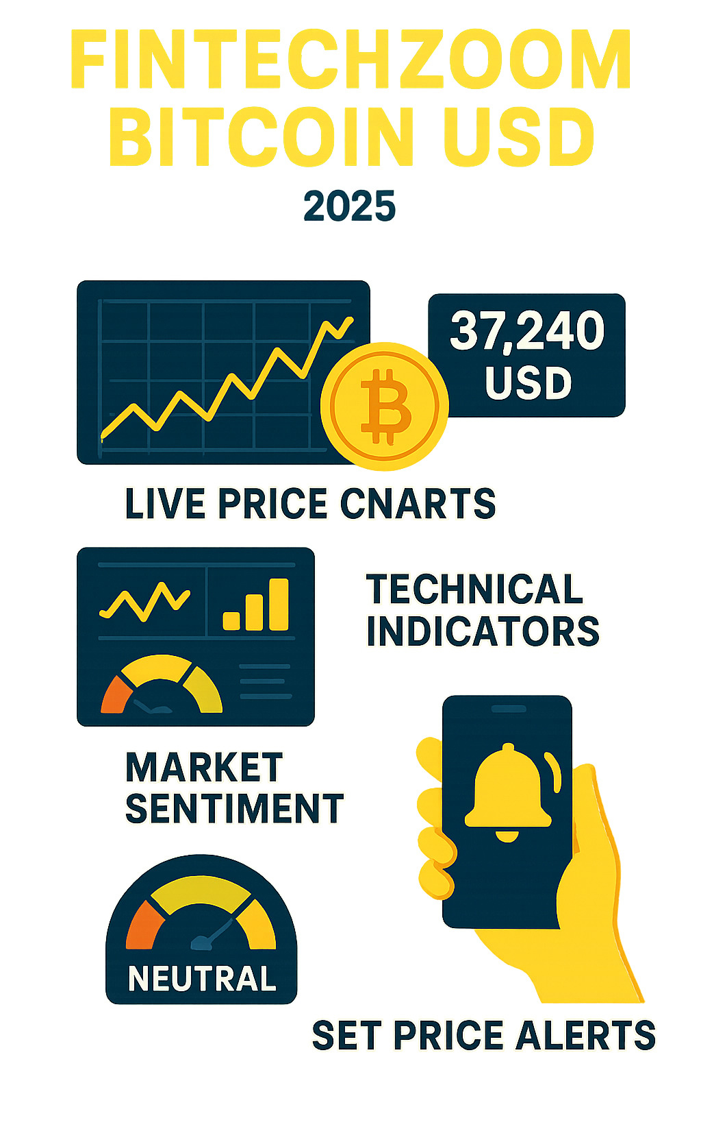 Comprehensive infographic showing FintechZoom's key features for Bitcoin USD tracking including live price charts, technical indicators, market sentiment analysis, and step-by-step guide for setting up price alerts on mobile devices - fintechzoom.com bitcoin usd infographic 