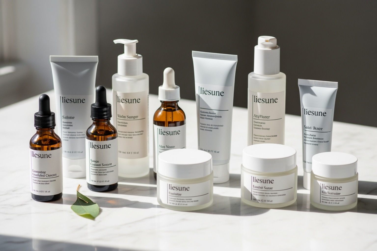 Collection of clean skincare products on a marble countertop, emphasizing proactive beauty choices - camyentruoc