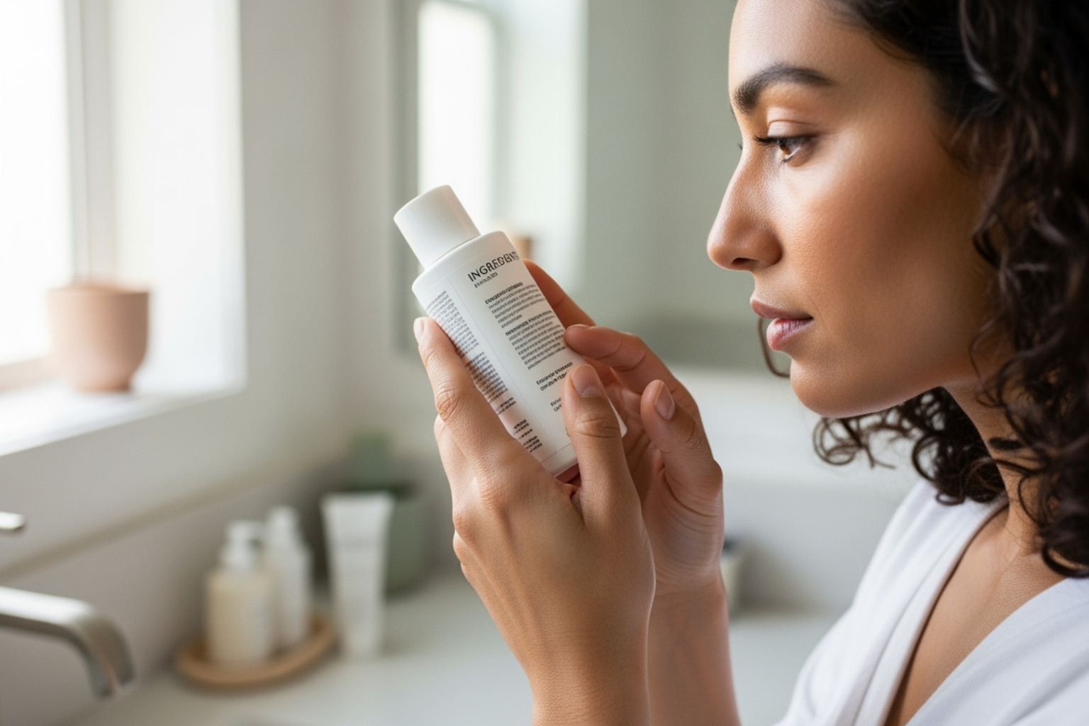 A person carefully reading the ingredient label on a cosmetic product, symbolizing informed, preemptive choices in clean beauty - camyentruoc