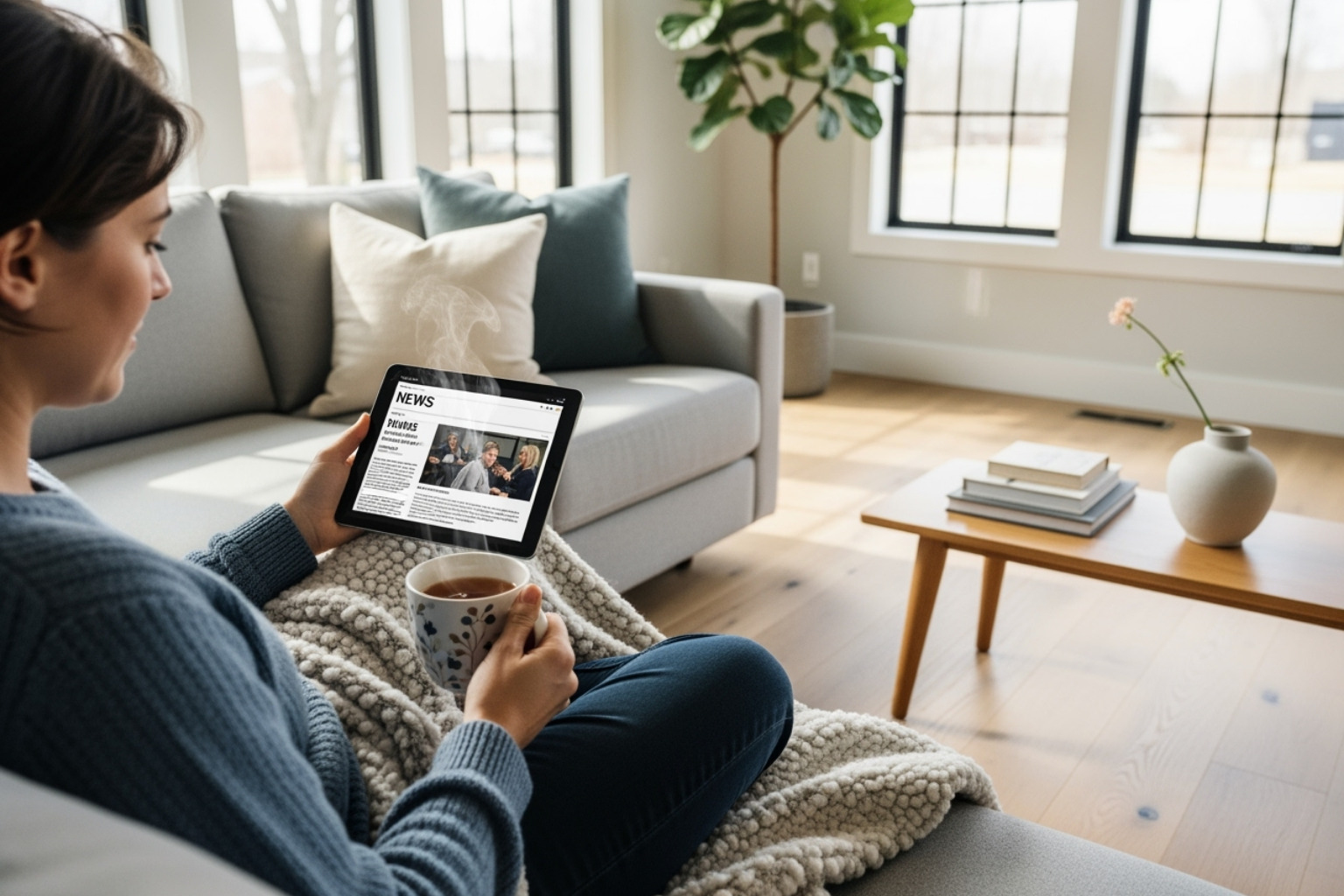 A person comfortably reading news on a tablet with a cup of tea, in a bright, modern living space - riproar tech news A person comfortably reading news on a tablet with a cup of tea, in a bright, modern living space - riproar tech news