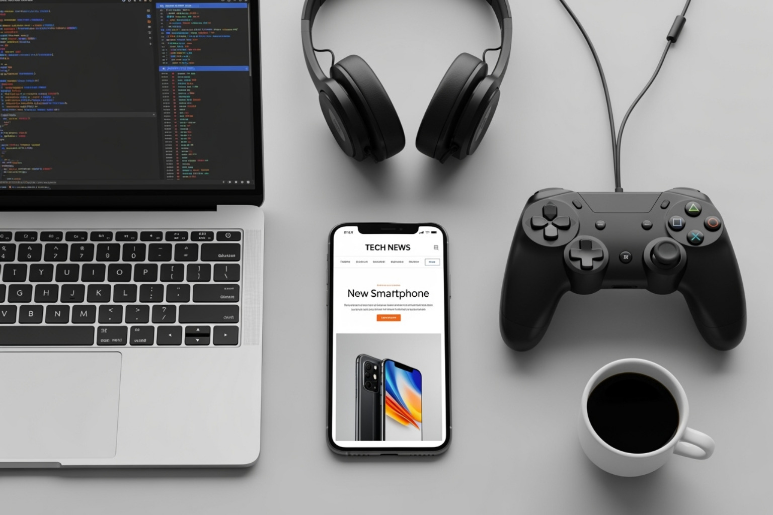 A flat lay featuring a smartphone showing the Riproar website, a laptop, and a gaming controller - riproar tech news A flat lay featuring a smartphone showing the Riproar website, a laptop, and a gaming controller - riproar tech news