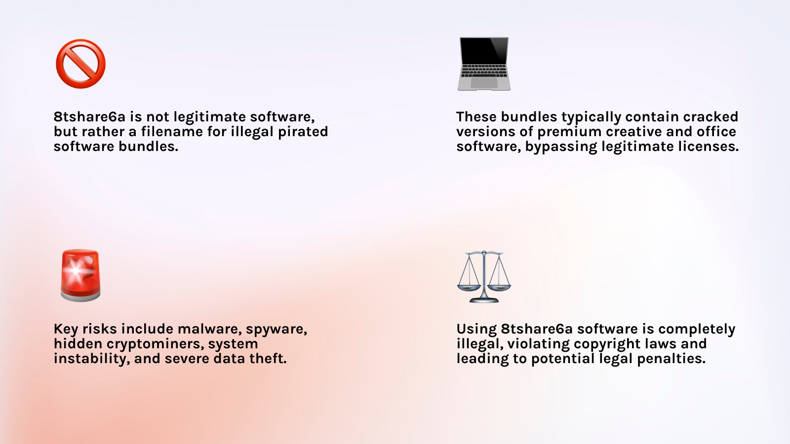 Comprehensive comparison infographic showing legitimate software sources versus pirated software bundles, including security risks, legal consequences, performance issues, and safe alternatives for content creators - 8tshare6a software infographic 4_facts_emoji_light-gradient