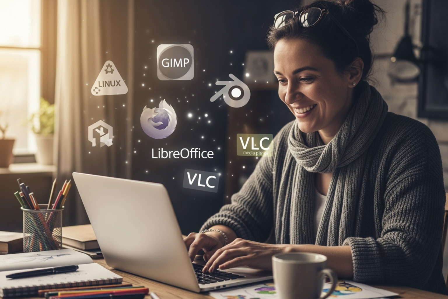 A creative person happily working on a laptop surrounded by logos of legitimate free and open-source software, symbolizing safe and productive digital work - 8tshare6a software