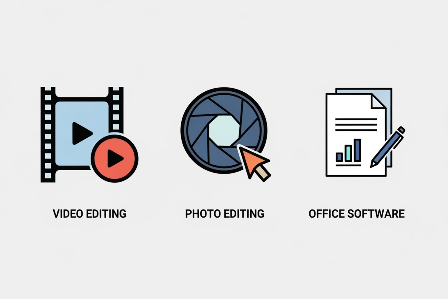 Logos of popular video editing, photo editing, and office software, representing the types of applications often found in pirated bundles - 8tshare6a software