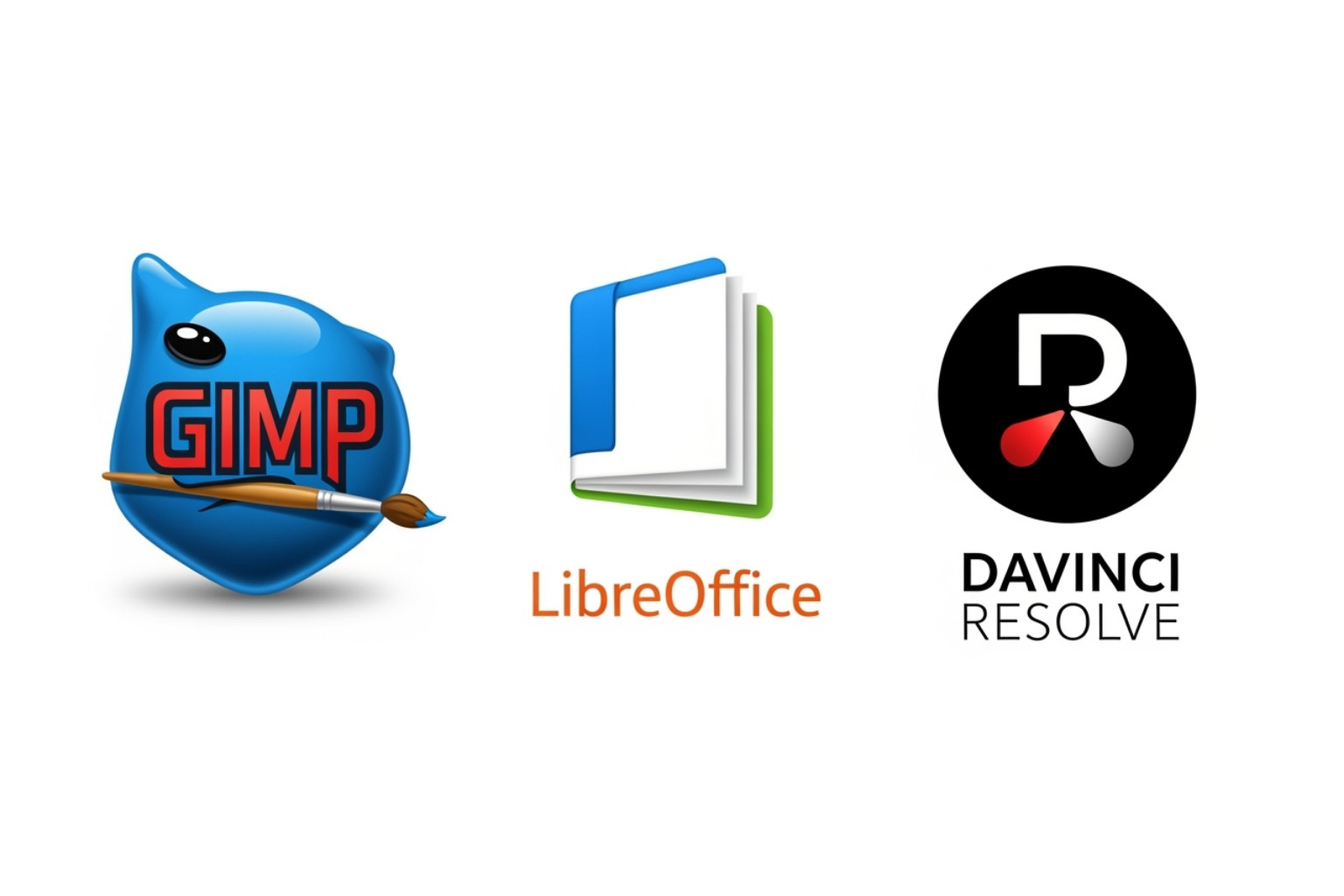 Logos for popular open-source software like GIMP, LibreOffice, and DaVinci Resolve - 8tshare6a software