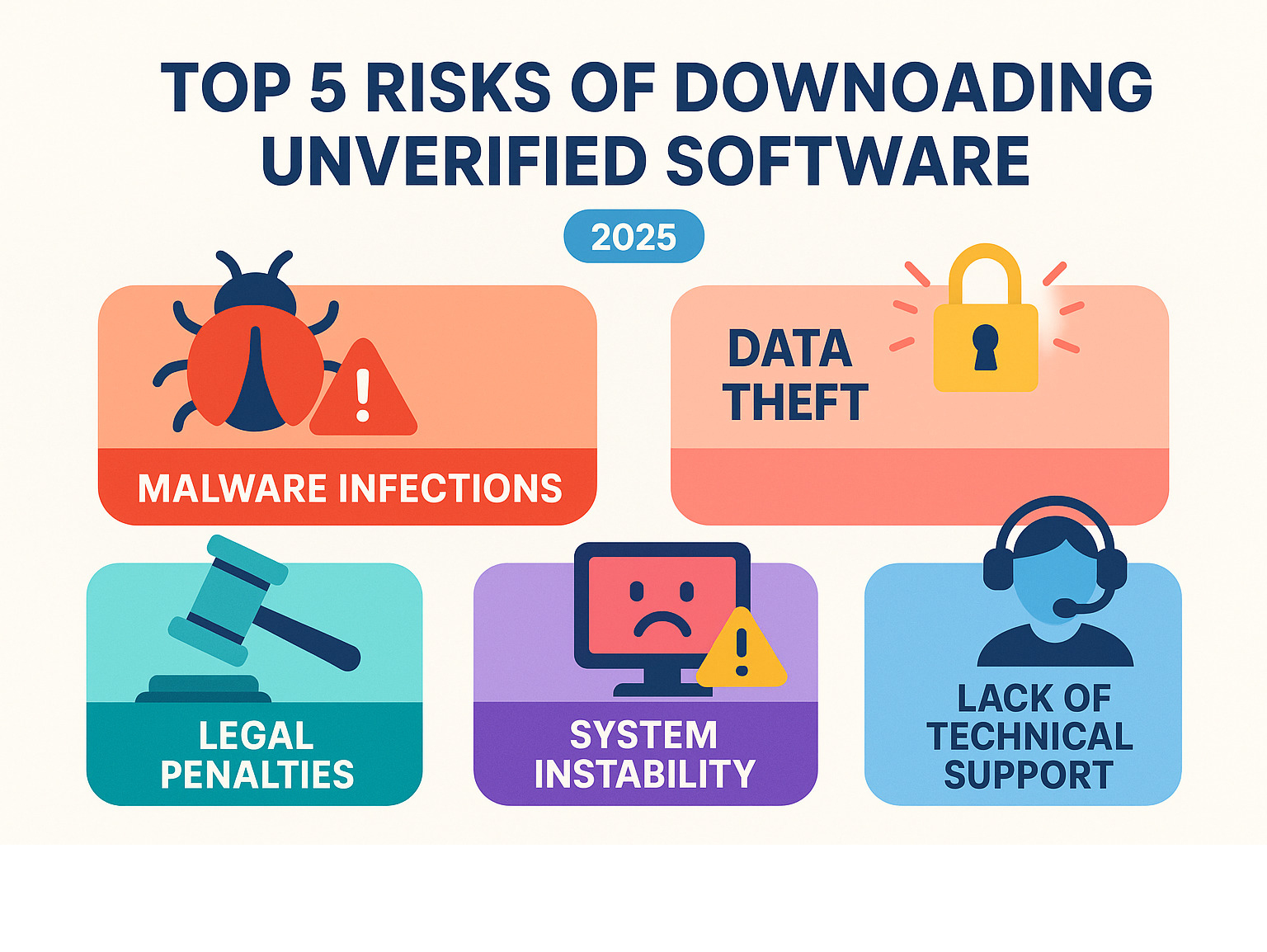 Infographic showing the top 5 risks of downloading unverified software including malware infections, data theft, legal penalties, system instability, and lack of technical support - 8tshare6a software infographic 