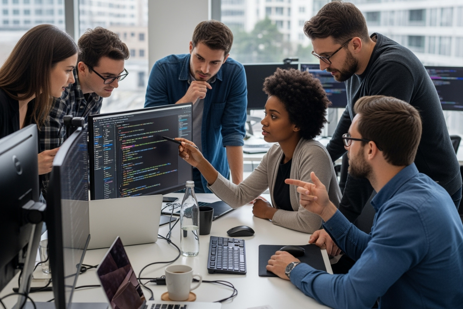 A team of developers collaborating around a computer screen, pointing at lines of code and discussing a specific identifier - what is 493xds5.0 in software