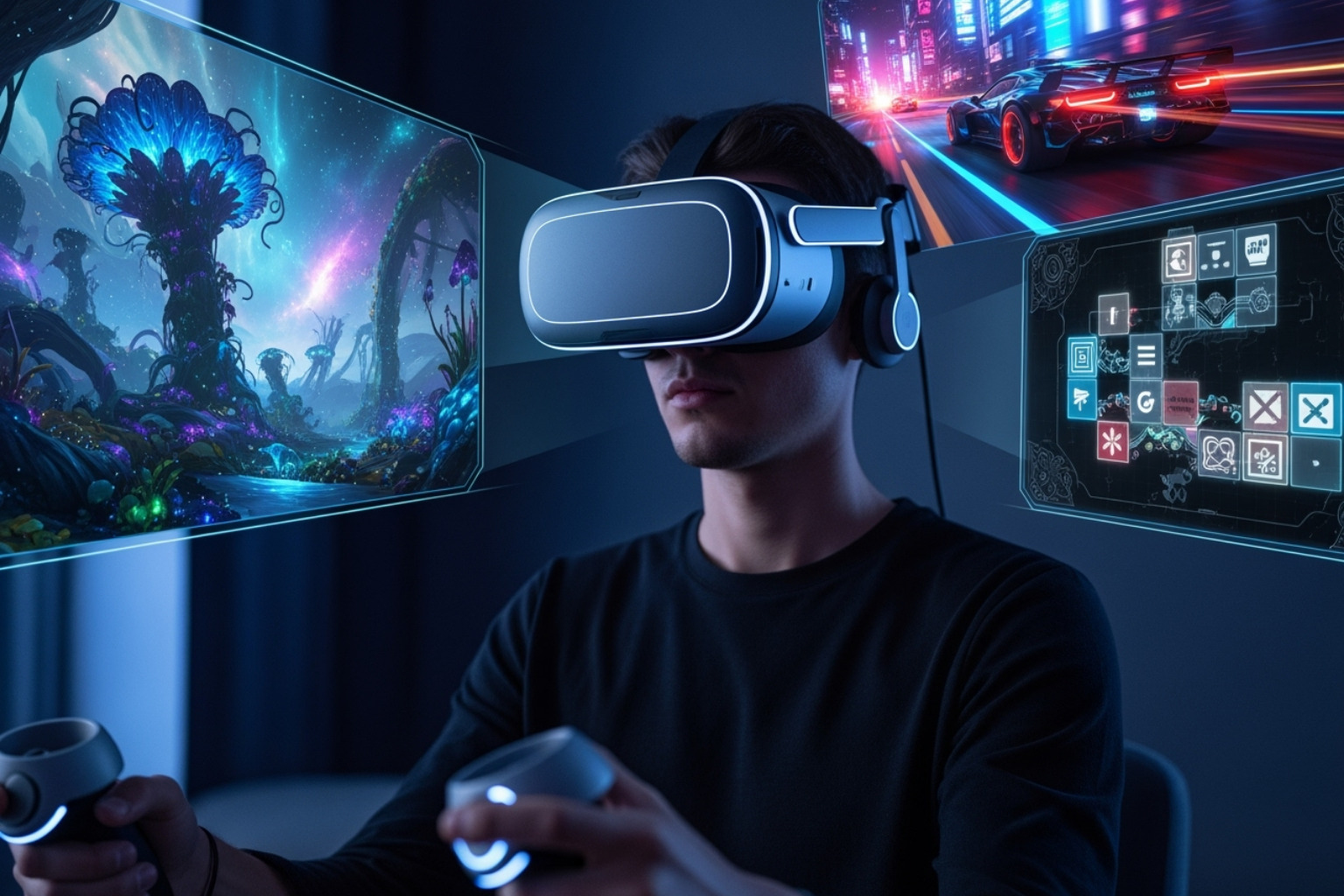 A person wearing a sleek VR headset, with vibrant, immersive virtual world graphics overlaid around them, suggesting a highly engaging experience - the online game event undergrowthgamelin