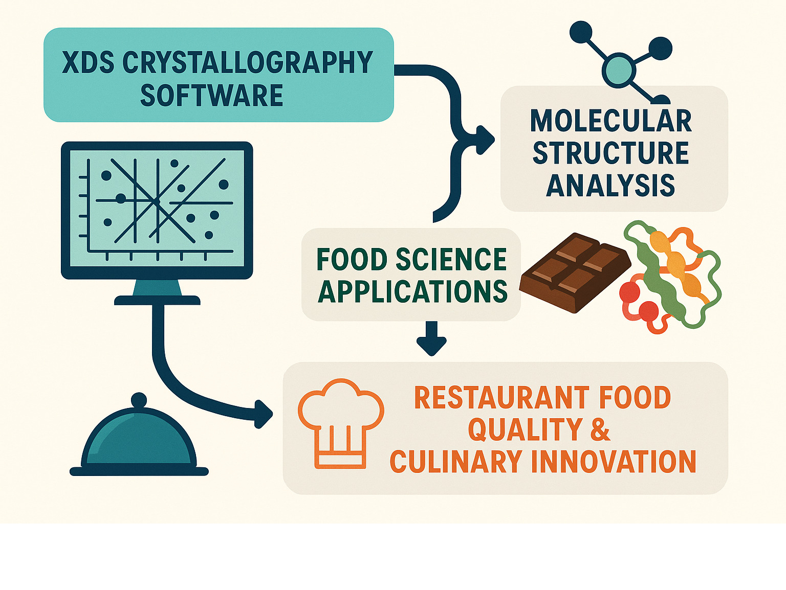 Infographic showing the connection between XDS crystallography software, molecular structure analysis, food science applications including chocolate polymorphs and protein structures, and how this impacts restaurant food quality and culinary innovation - what is 493xds5.0 in software infographic 