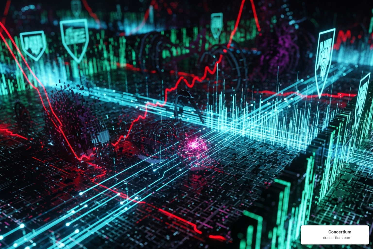 a futuristic digital landscape showing both threats and defenses - AI cybersecurity management