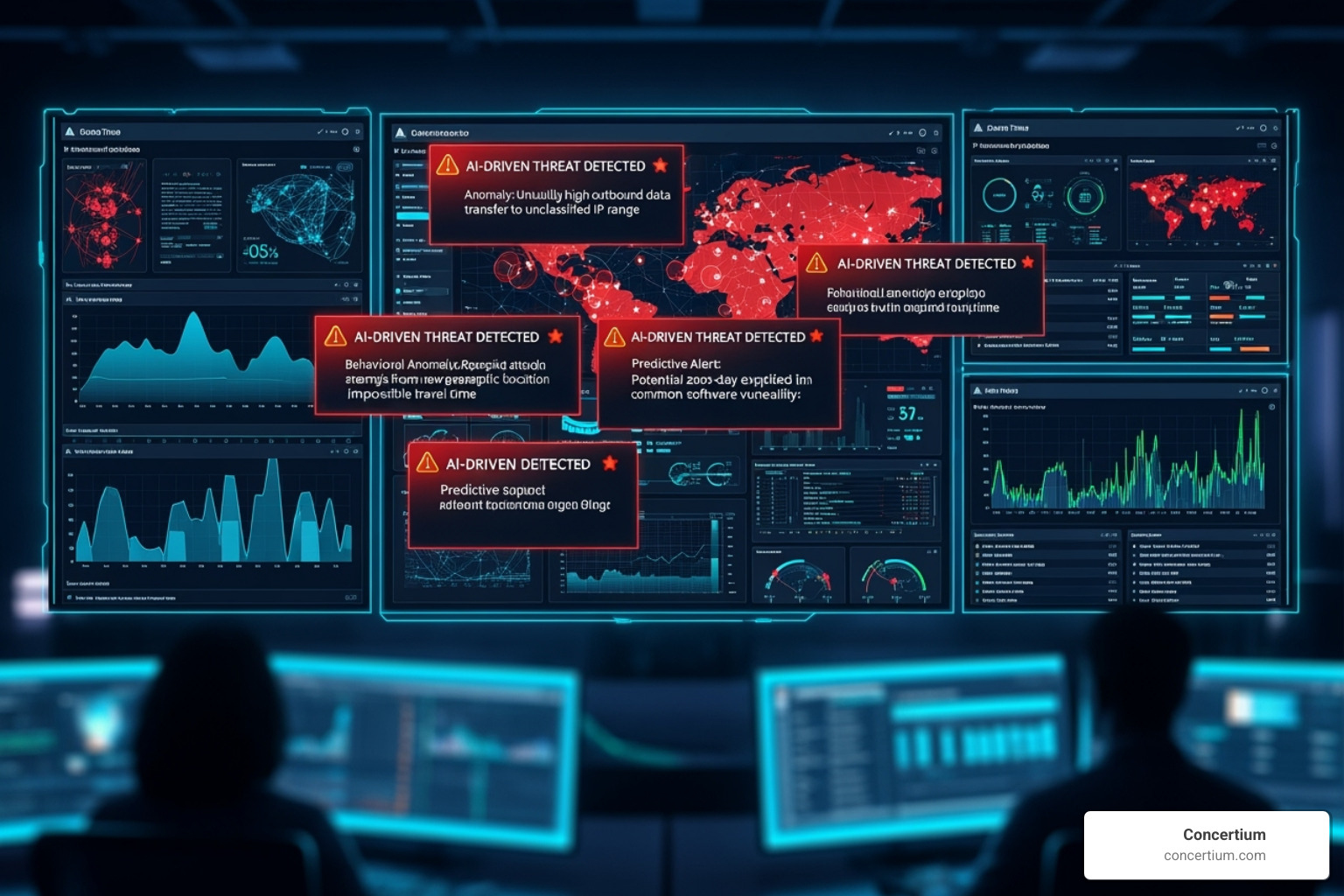 a security operations center dashboard showing AI-driven alerts - AI cybersecurity management