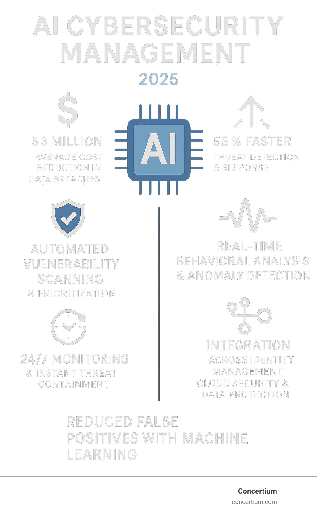 Comprehensive infographic showing AI cybersecurity management benefits including $3 million average cost reduction in data breaches, 55% faster threat detection and response, automated vulnerability scanning and prioritization, real-time behavioral analysis and anomaly detection, reduced false positives through machine learning, 24/7 monitoring and instant threat containment, and integration across identity management, cloud security, and data protection - AI cybersecurity management infographic 