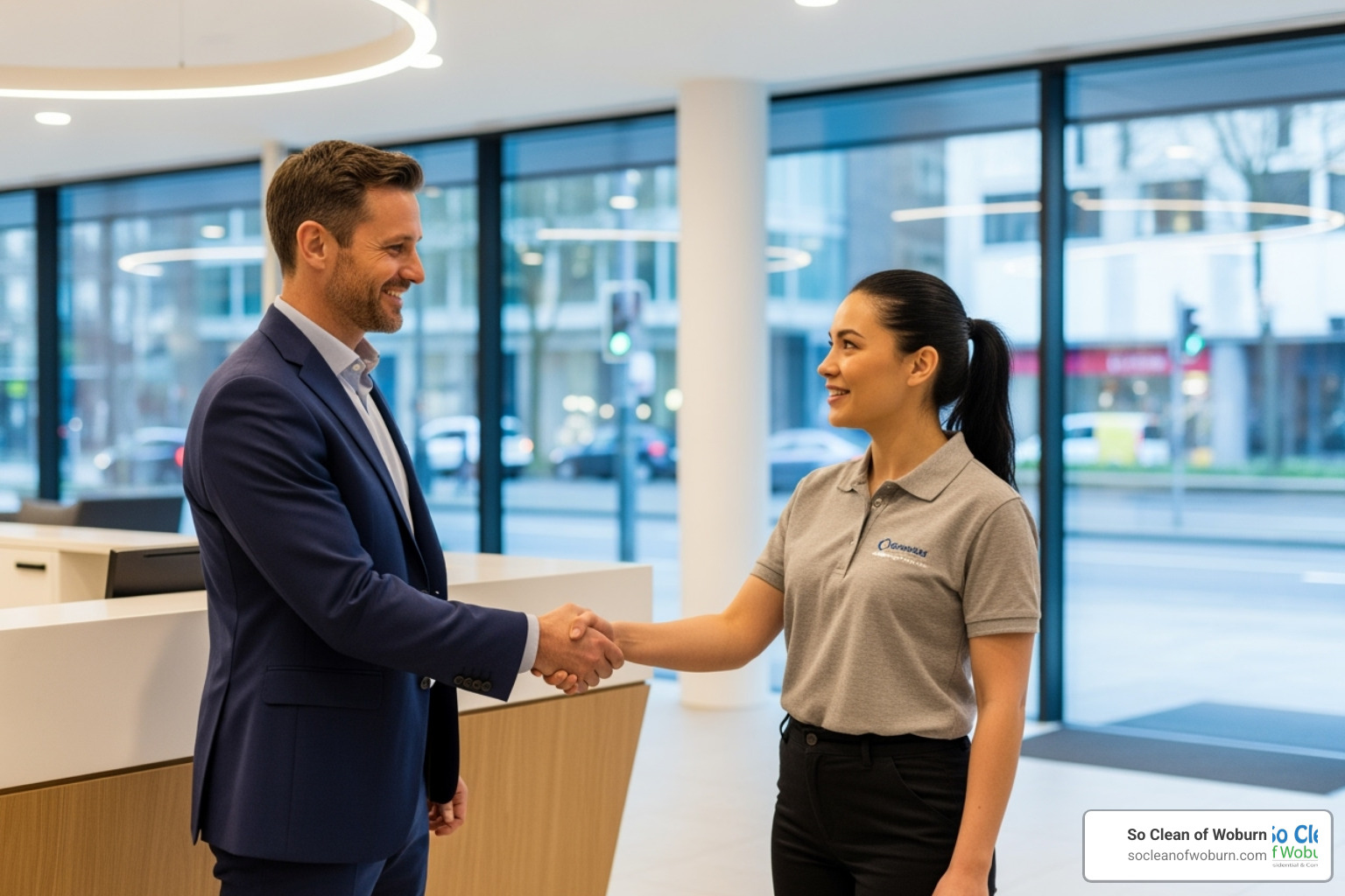 facility manager shaking hands with a cleaning service professional - commercial business cleaning services facility manager shaking hands with a cleaning service professional - commercial business cleaning services