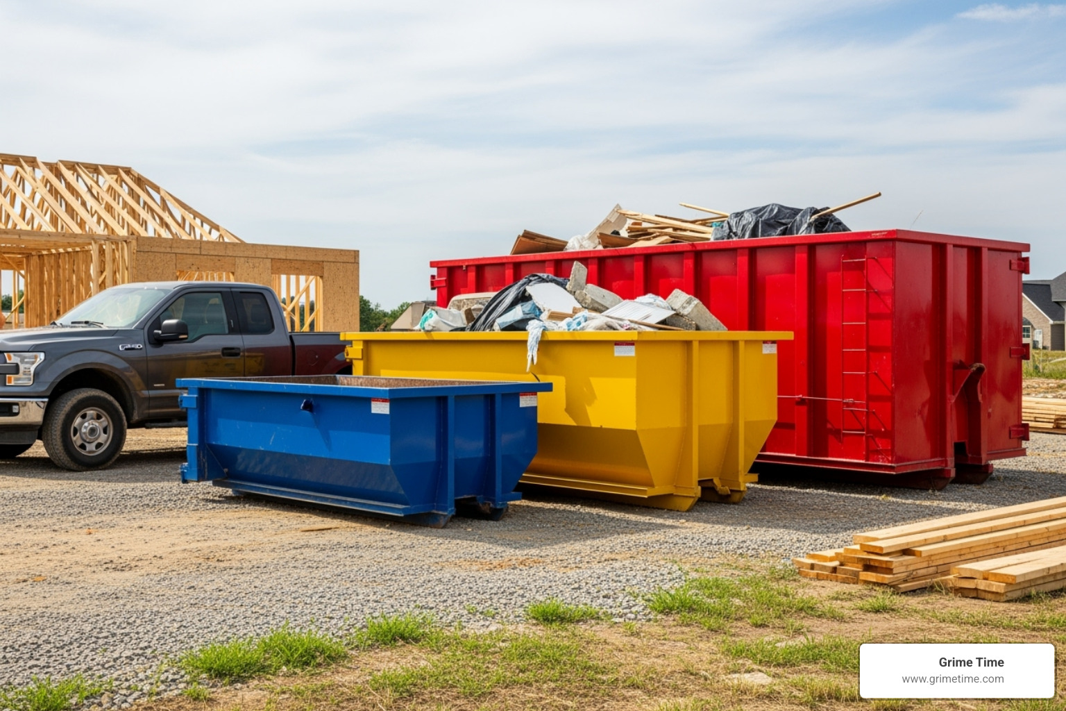 Image of different dumpster sizes (10, 20, 30 yard) with capacity comparisons like pickup truck loads - large trash can rental