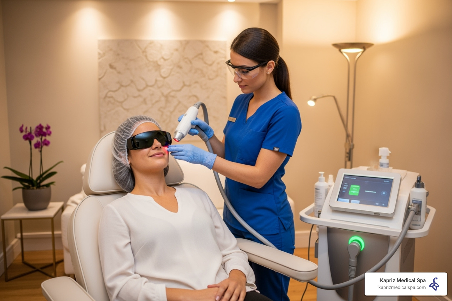 of a patient comfortably receiving a laser treatment from a professional - laser treatment skin rejuvenation