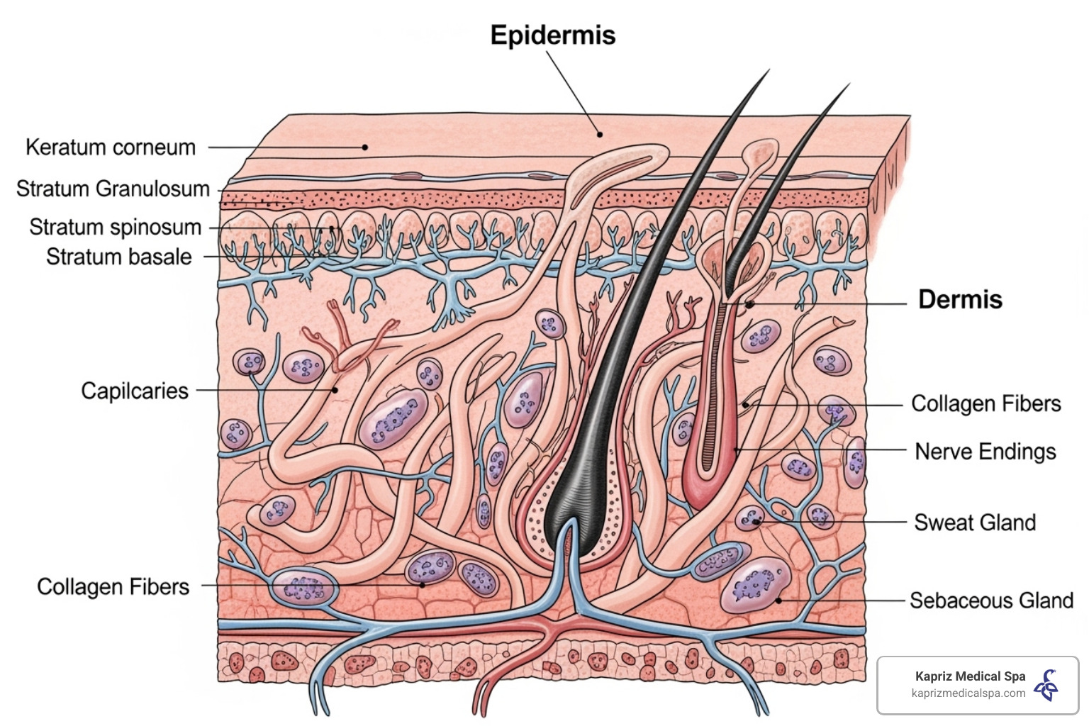diagram showing skin layers (epidermis, dermis) and collagen fibers - laser treatment skin rejuvenation