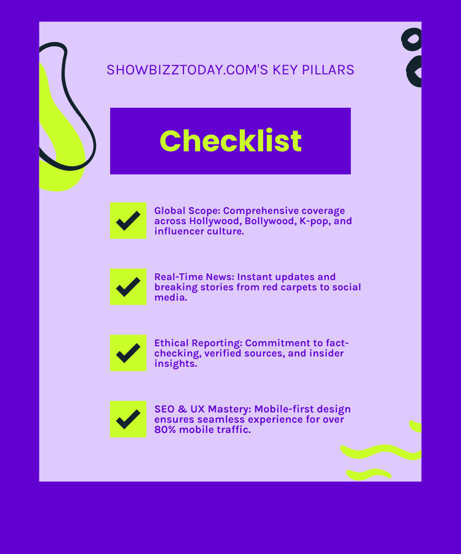 Infographic explaining Showbizztoday.com's key pillars of success - showbizztoday.com celebrity gossip infographic checklist-fun-neon