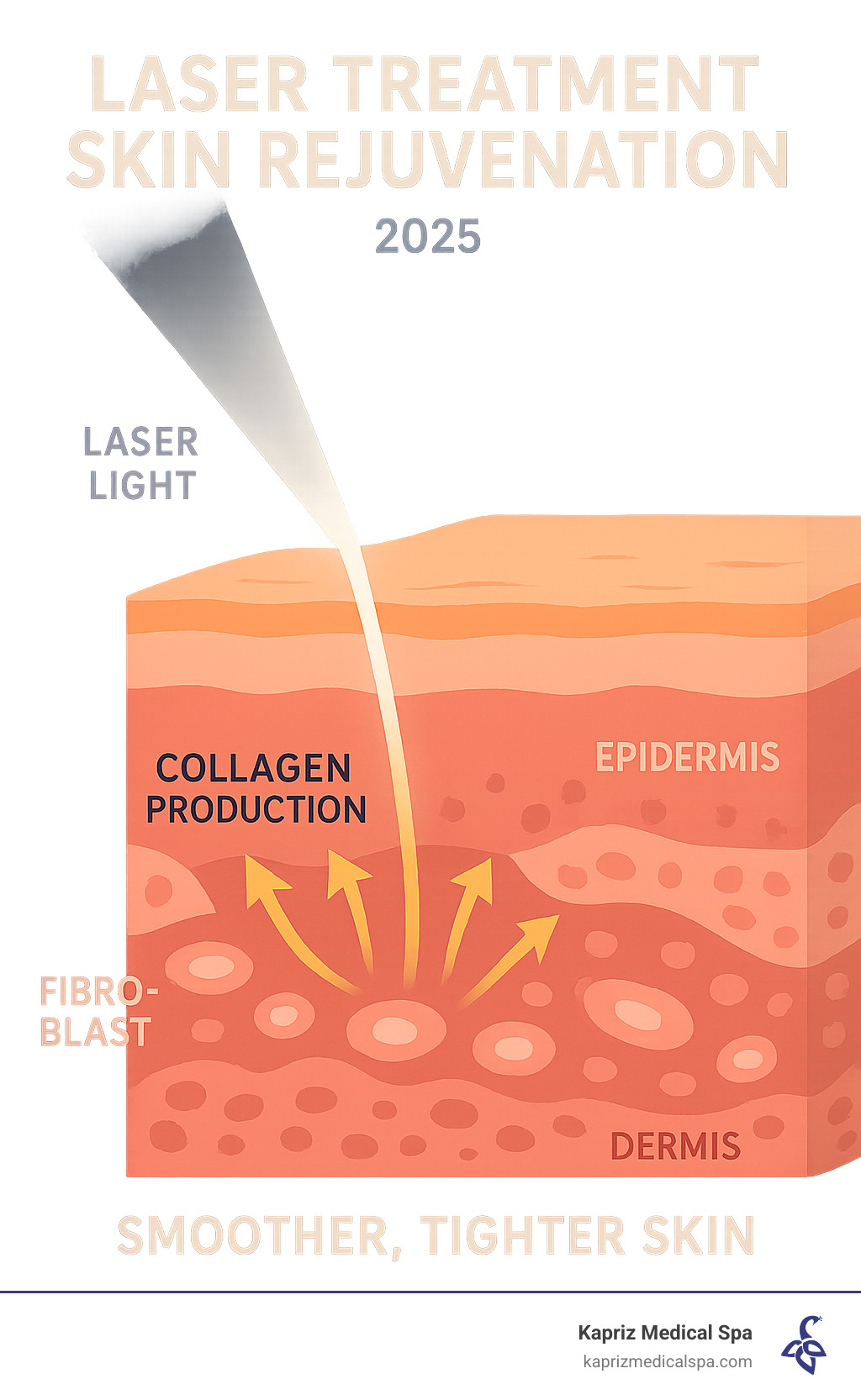 Infographic showing how laser light penetrates skin layers to stimulate collagen production in fibroblasts, leading to smoother, tighter skin with improved texture and reduced wrinkles - laser treatment skin rejuvenation infographic 