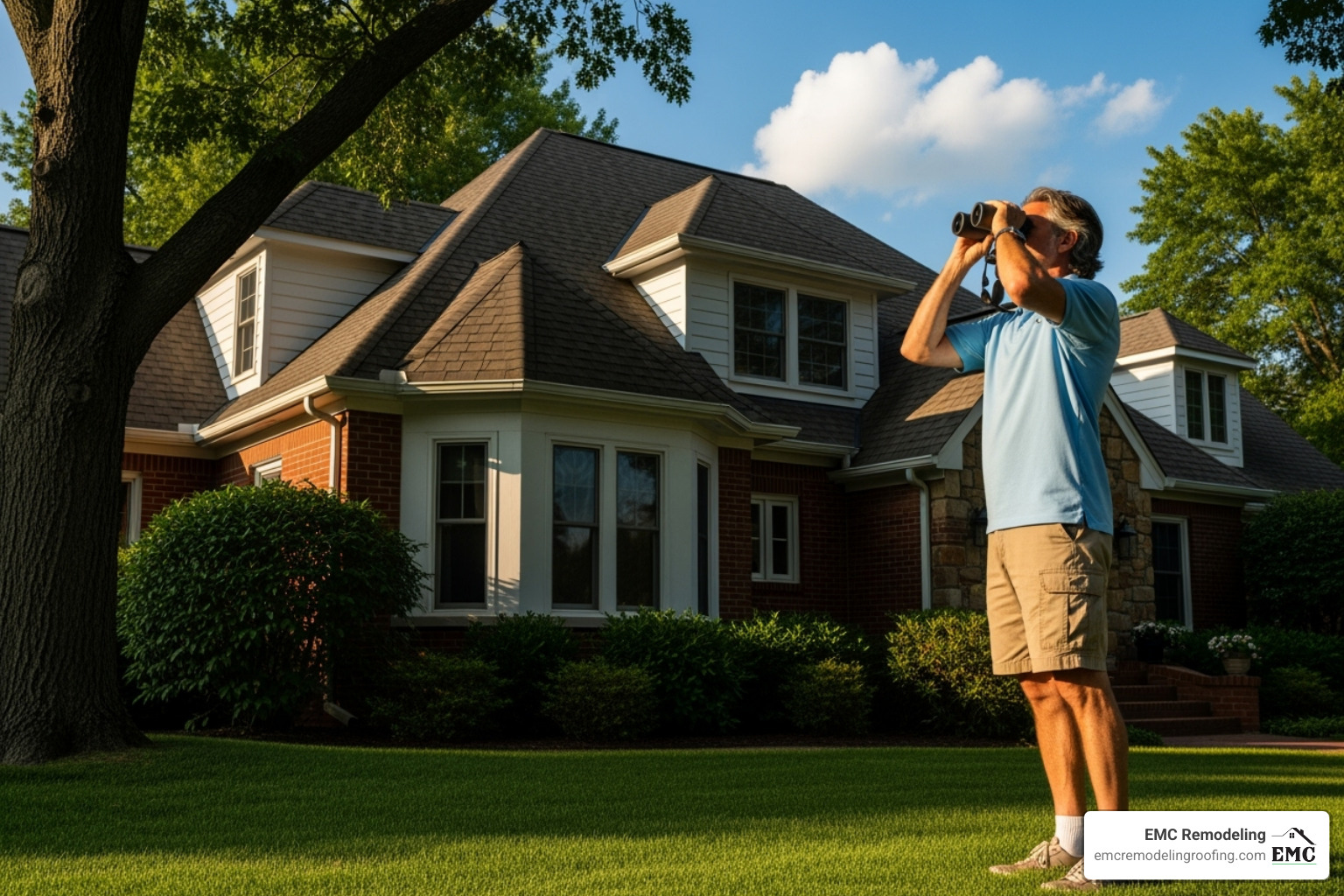 homeowner inspecting roof from ground with binoculars - finding a roofing contractor