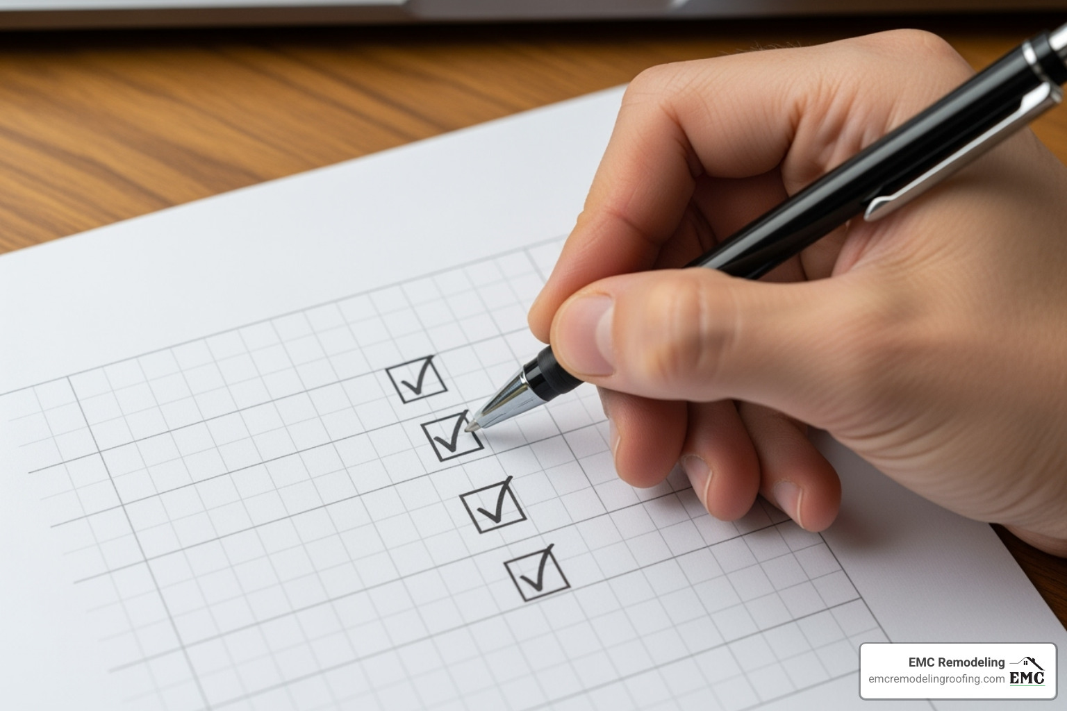 checklist with items like License, Insurance, and References ticked off - finding a roofing contractor