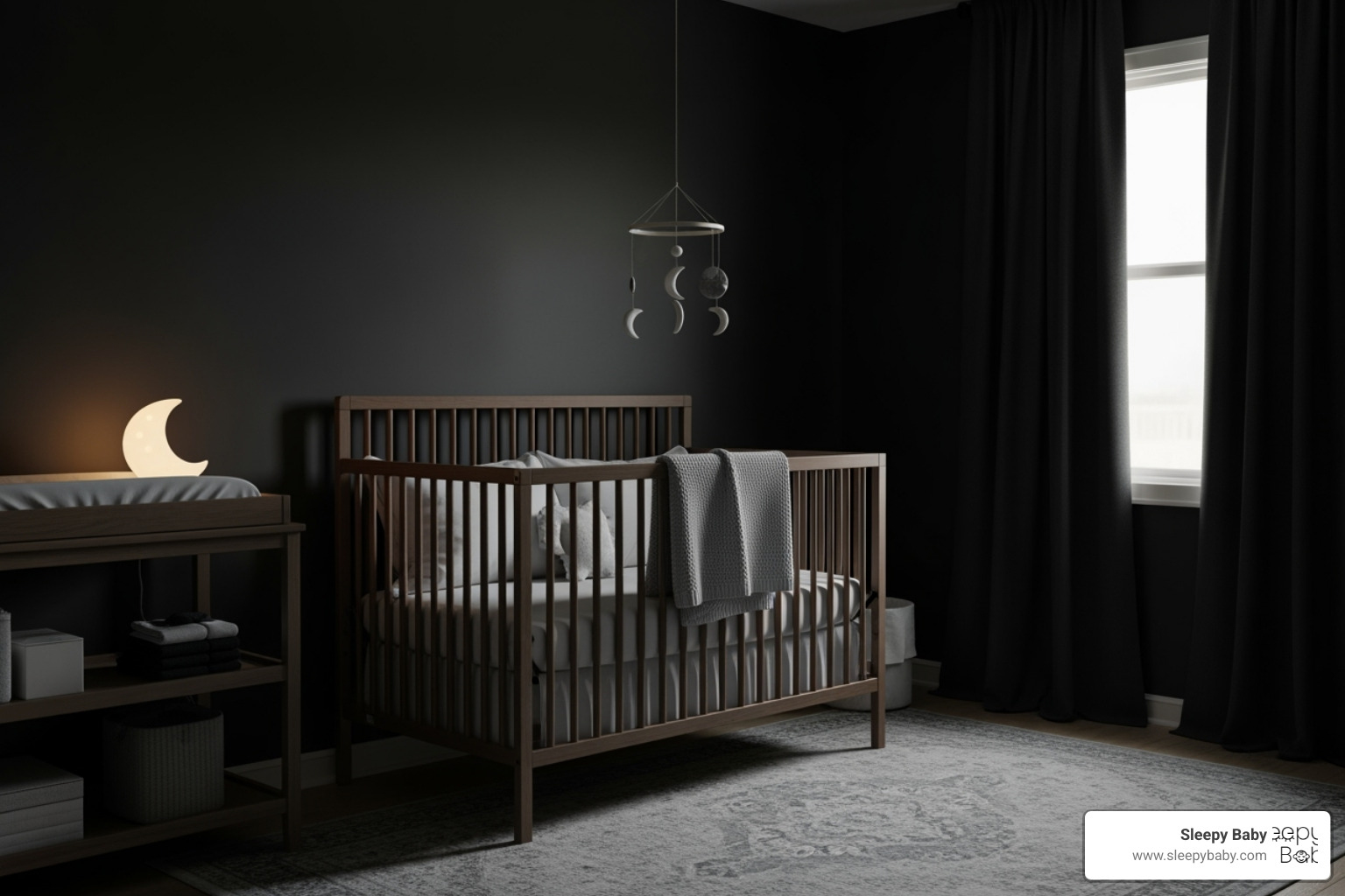 A calm, dark nursery with a crib - sleep cues for babies