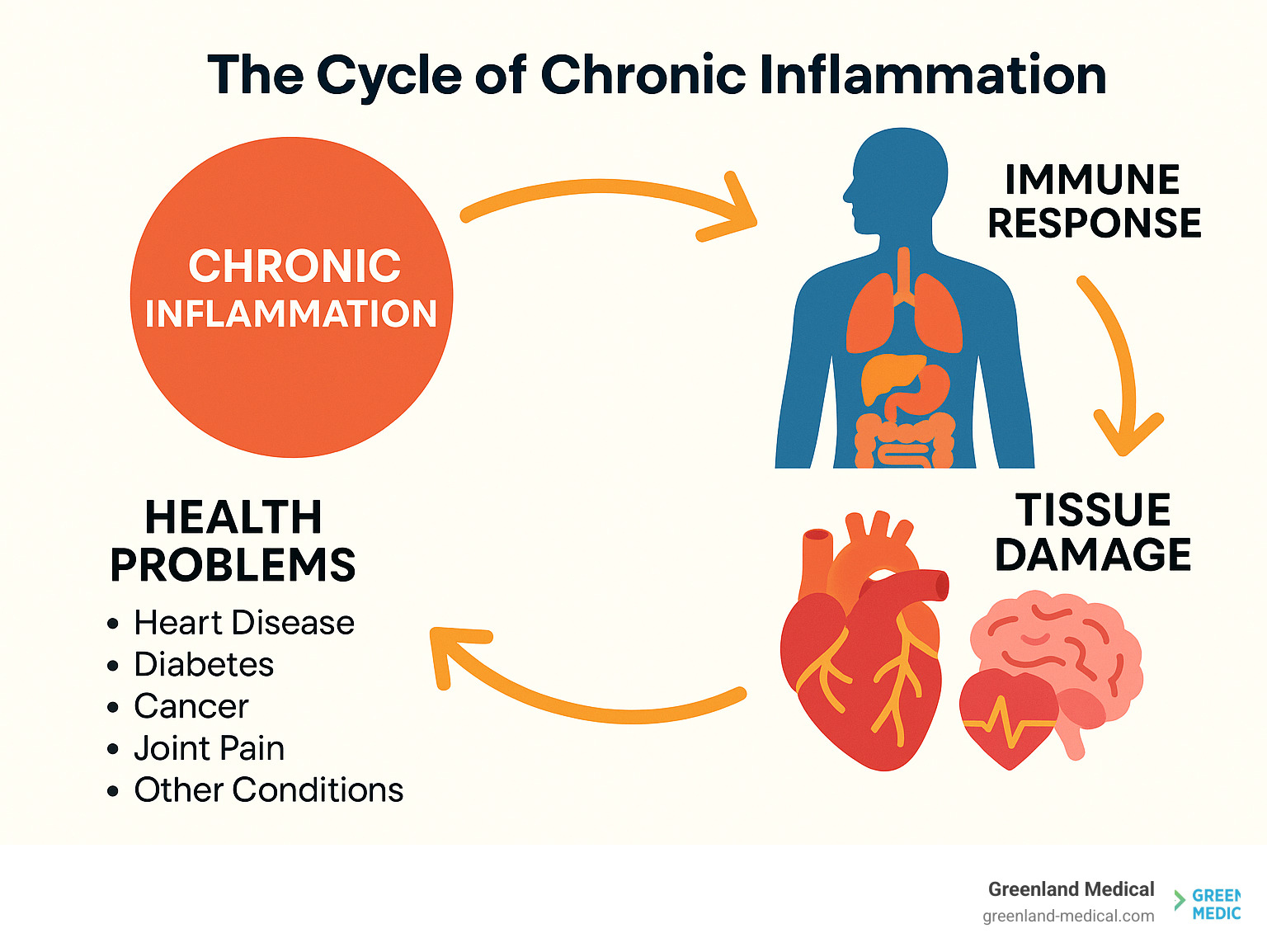 infographic explaining the cycle of chronic inflammation and its effects on the body - reversing inflammation naturally infographic 