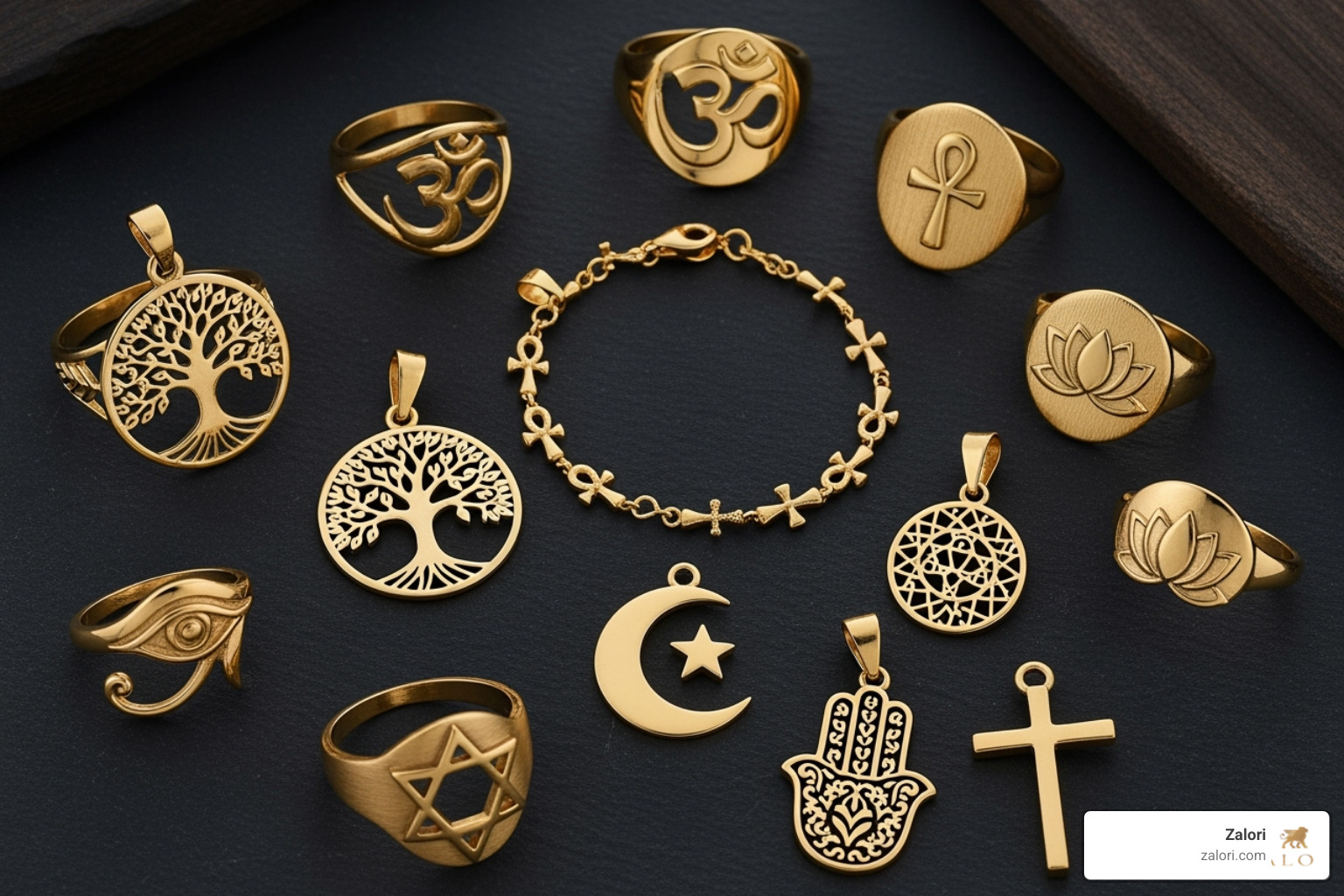 A flat-lay of various gold spiritual pendants, rings, and bracelets with different symbols - Gold spiritual jewelry A flat-lay of various gold spiritual pendants, rings, and bracelets with different symbols - Gold spiritual jewelry