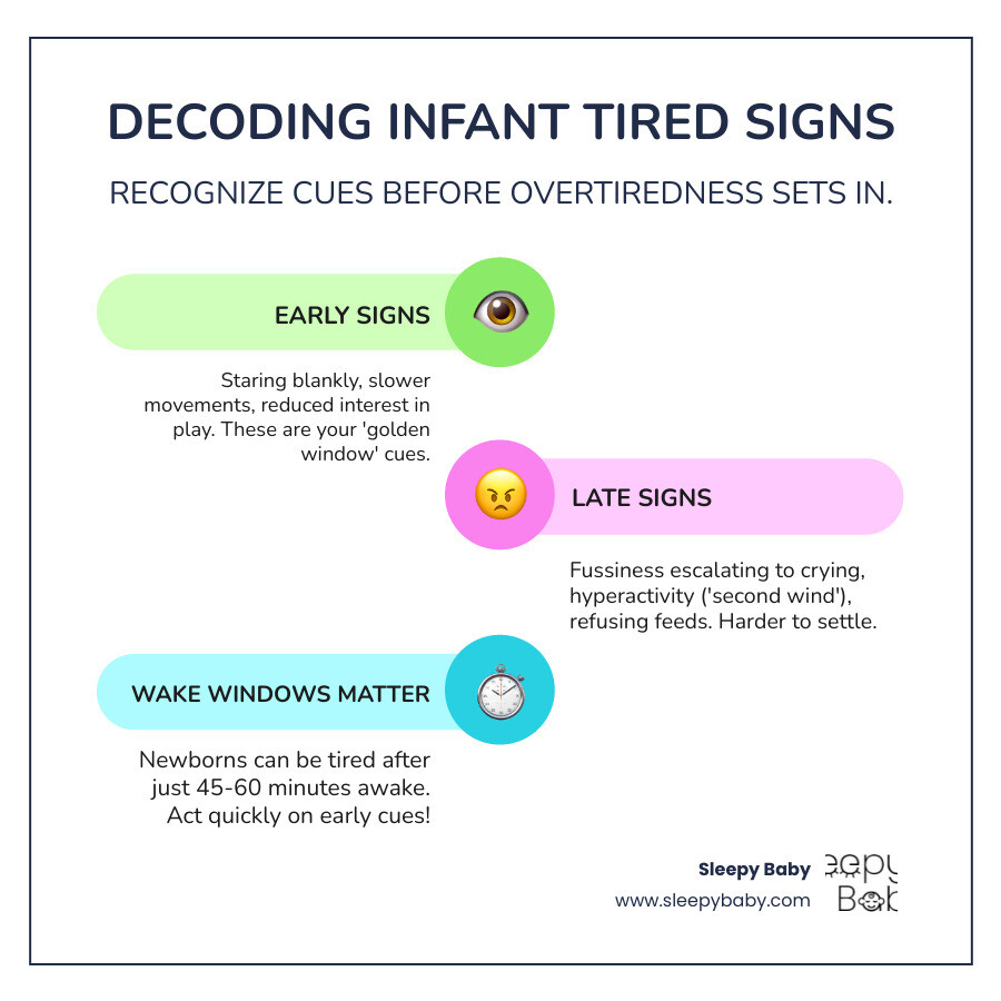 Comprehensive infographic showing early tired signs like staring and slow movements versus late tired signs like crying and hyperactivity, with age-appropriate wake windows from newborn to 12 months - infant tired signs infographic infographic-line-3-steps-colors
