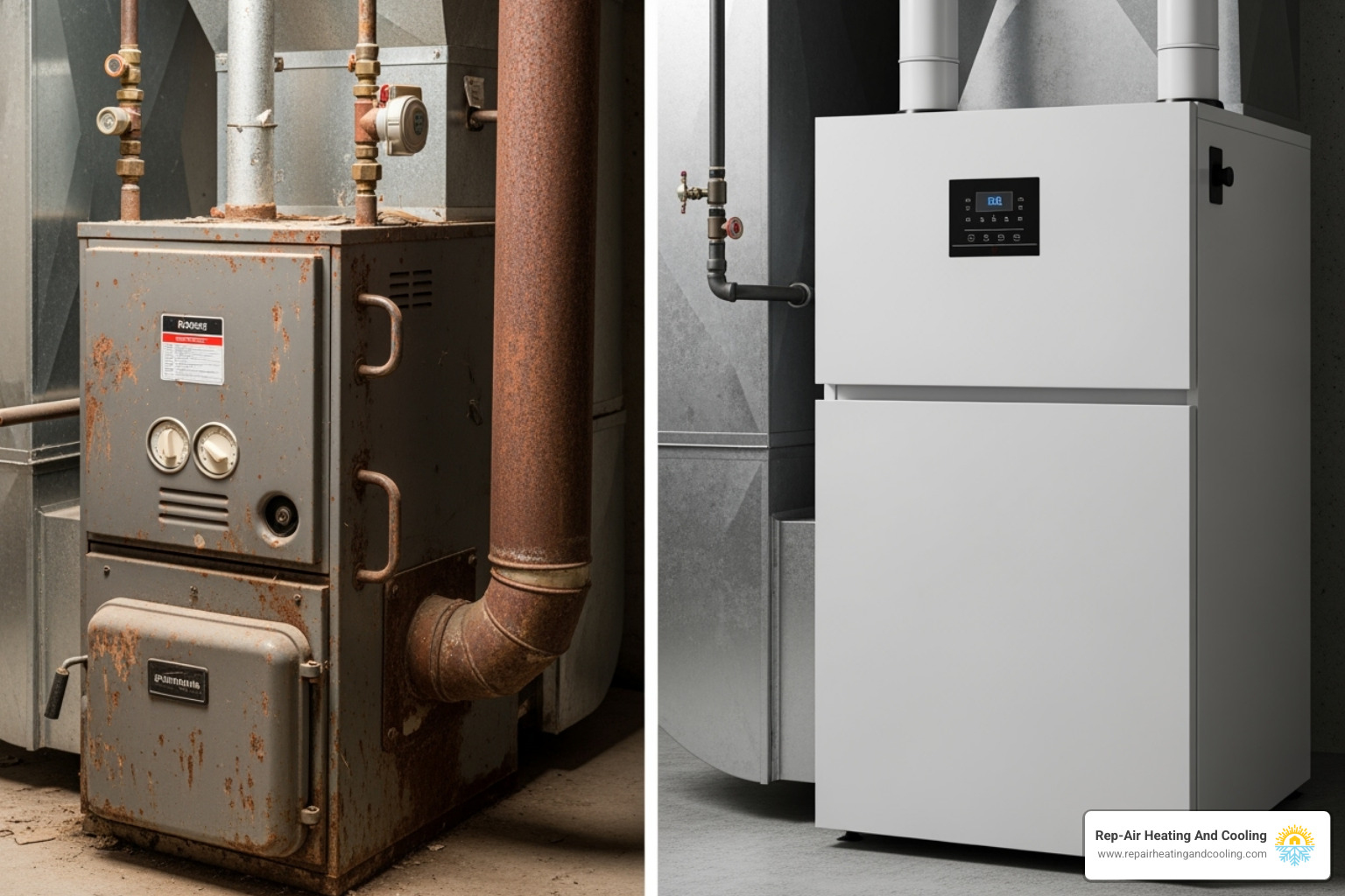 an old furnace next to a new high-efficiency model - abbotsford furnace repair