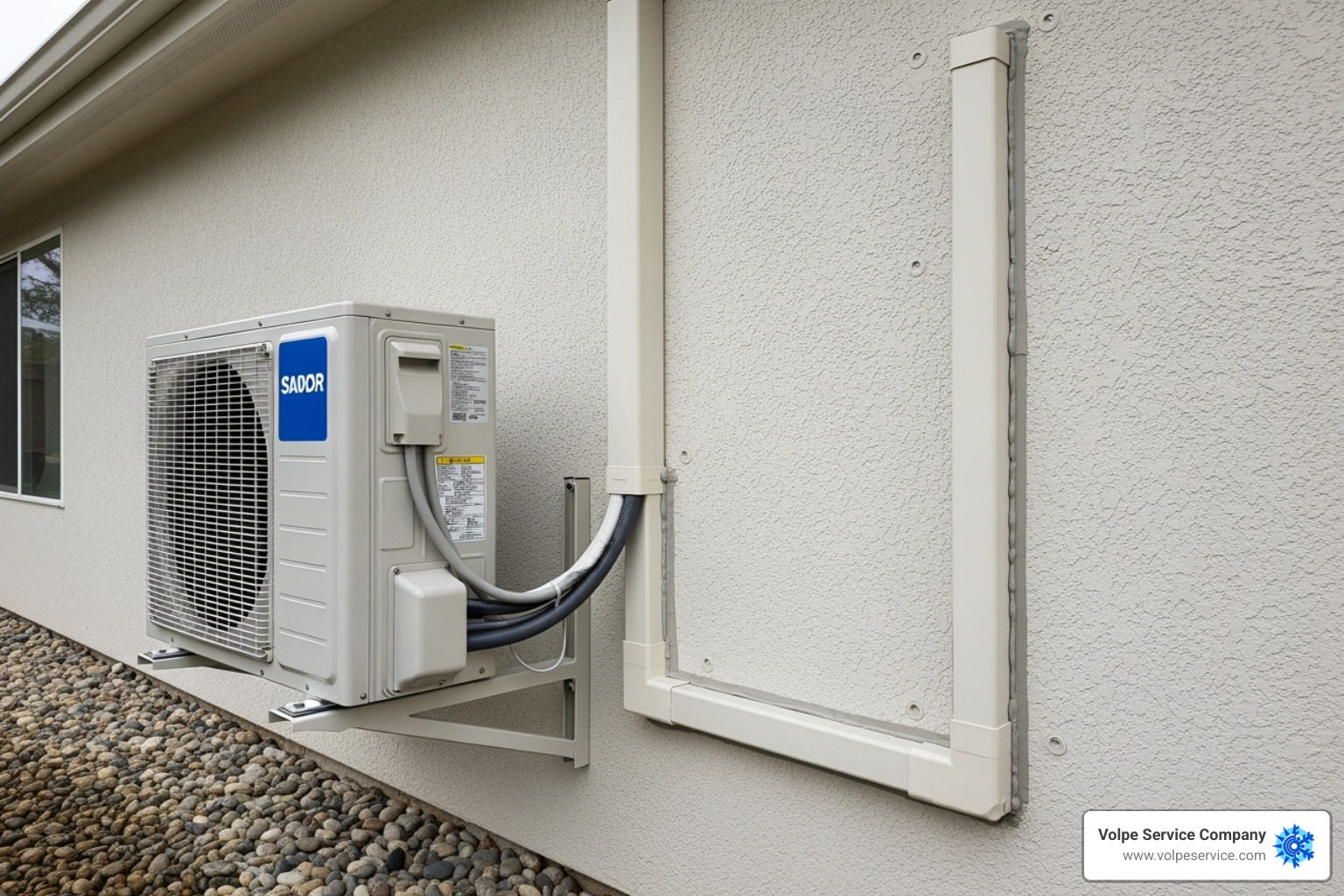 A finished outdoor mini-split installation with a neat line set cover protecting the refrigerant lines and electrical wiring - mini split AC install A finished outdoor mini-split installation with a neat line set cover protecting the refrigerant lines and electrical wiring - mini split AC install