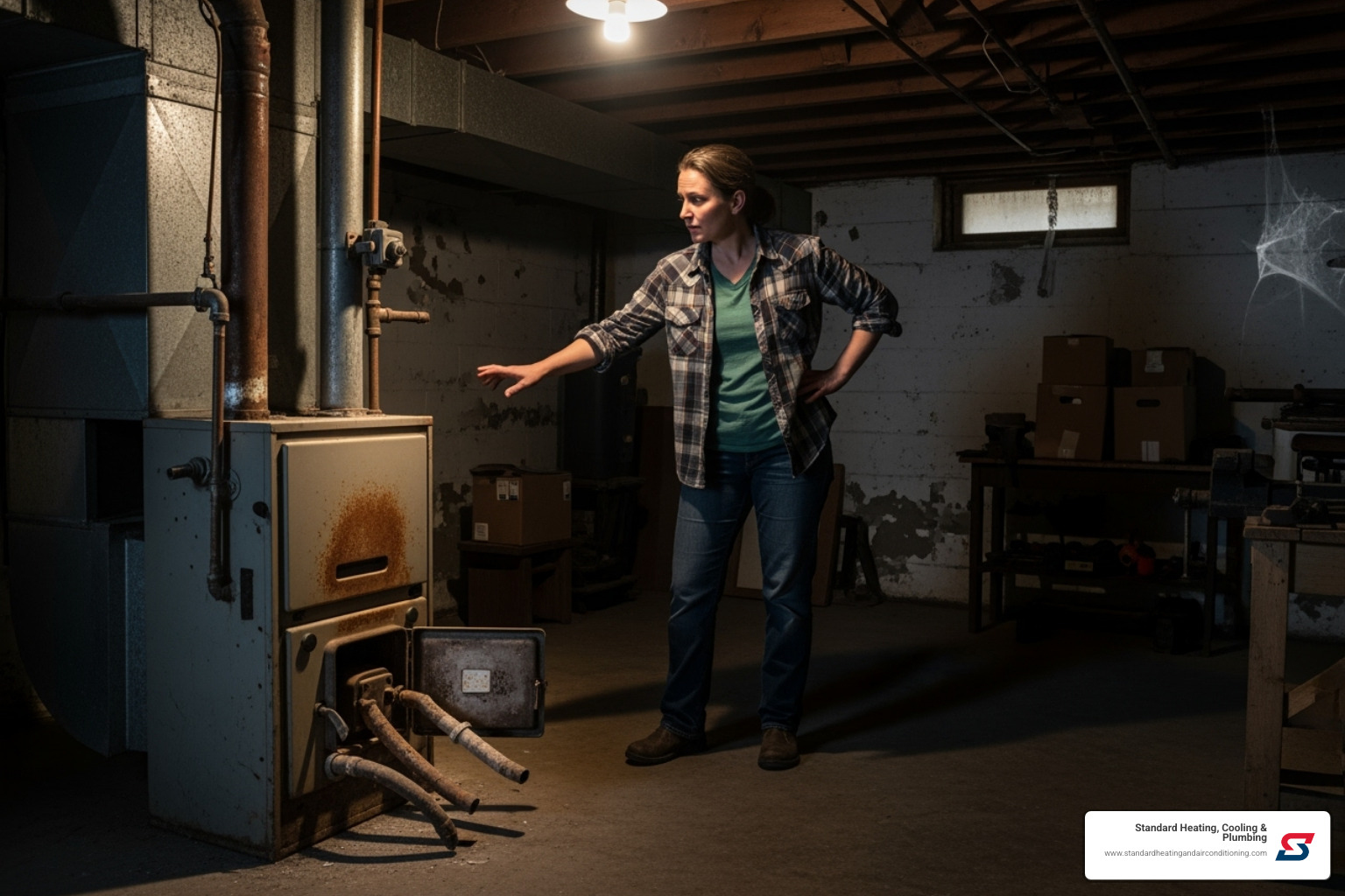 homeowner looking concerned at an old furnace - heater replacement birmingham al