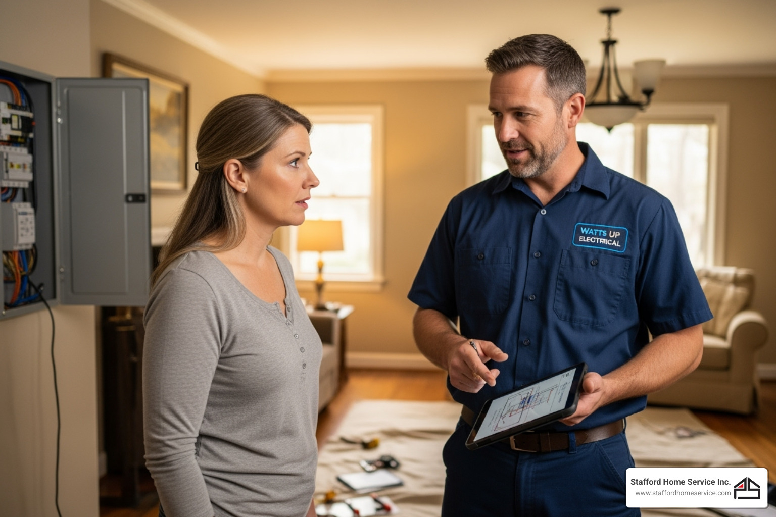 homeowner talking with a professional electrician - electrical code compliance