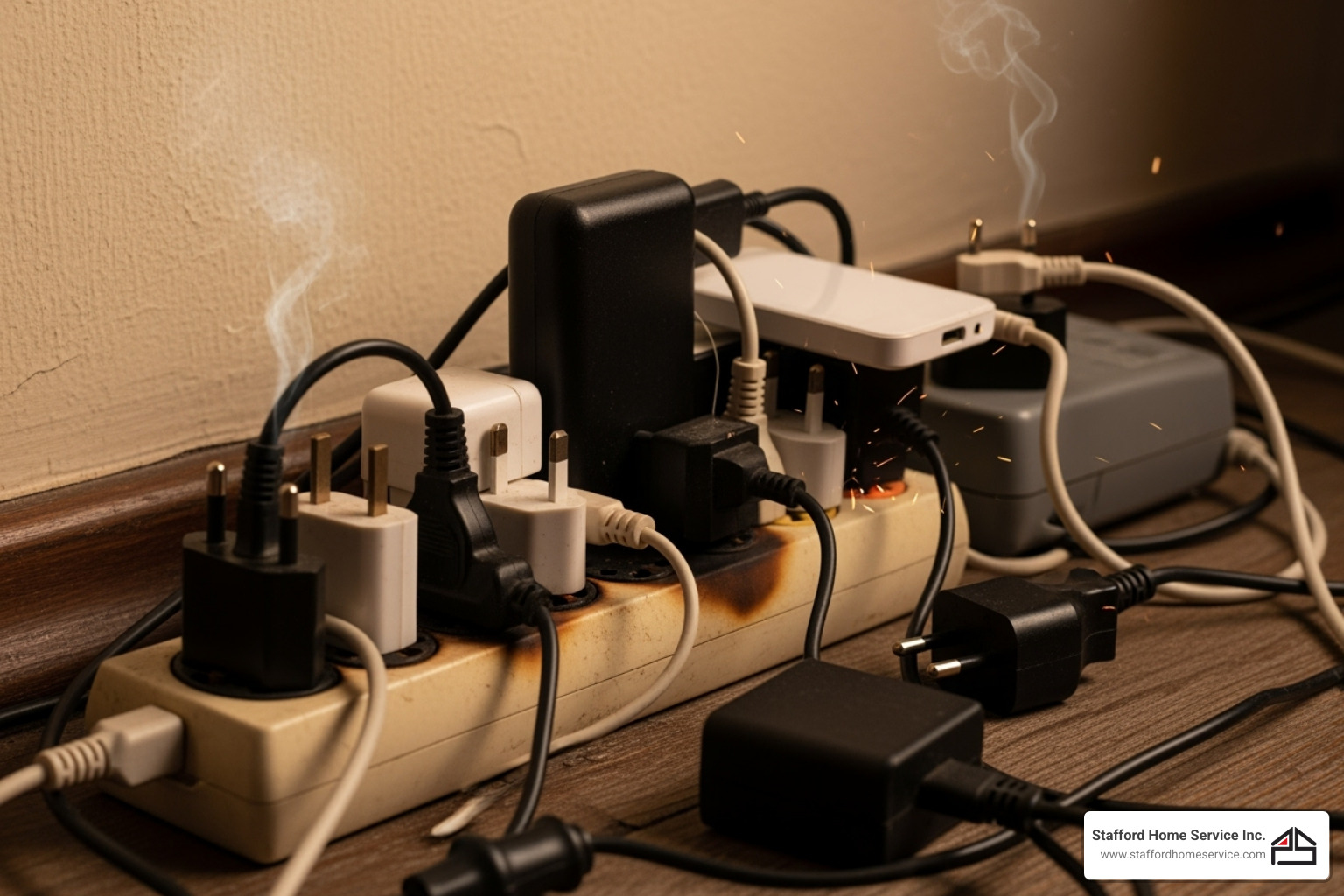 overloaded power strip with multiple plugs - electrical code compliance