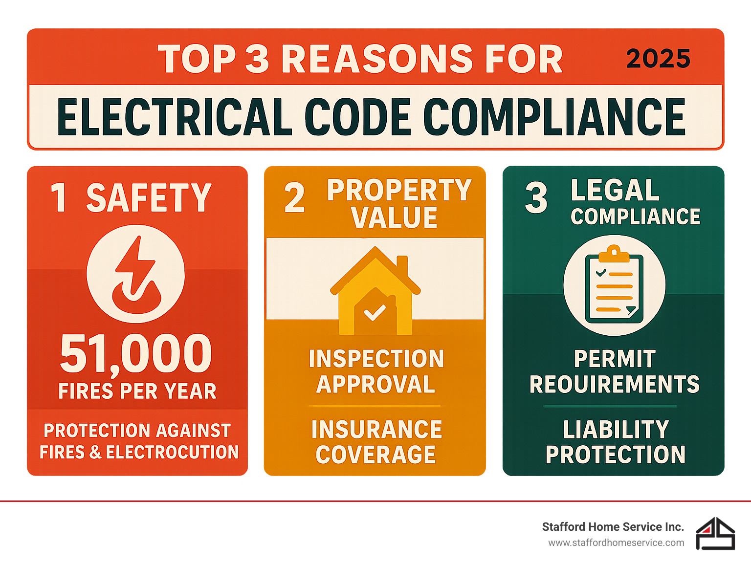 infographic showing the top 3 critical reasons for electrical code compliance: safety protection against fires and electrocution with statistics, property value preservation through inspection approval and insurance coverage, and legal compliance including permit requirements and liability protection - electrical code compliance infographic 
