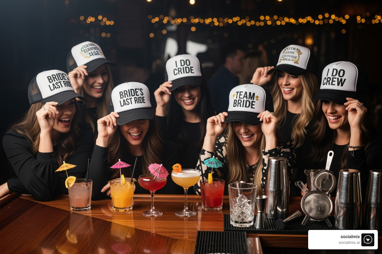 bachelorette party group showing off their newly created, matching-themed trucker hats, with cocktail glasses and bar tools on the counter - trucker hat bar